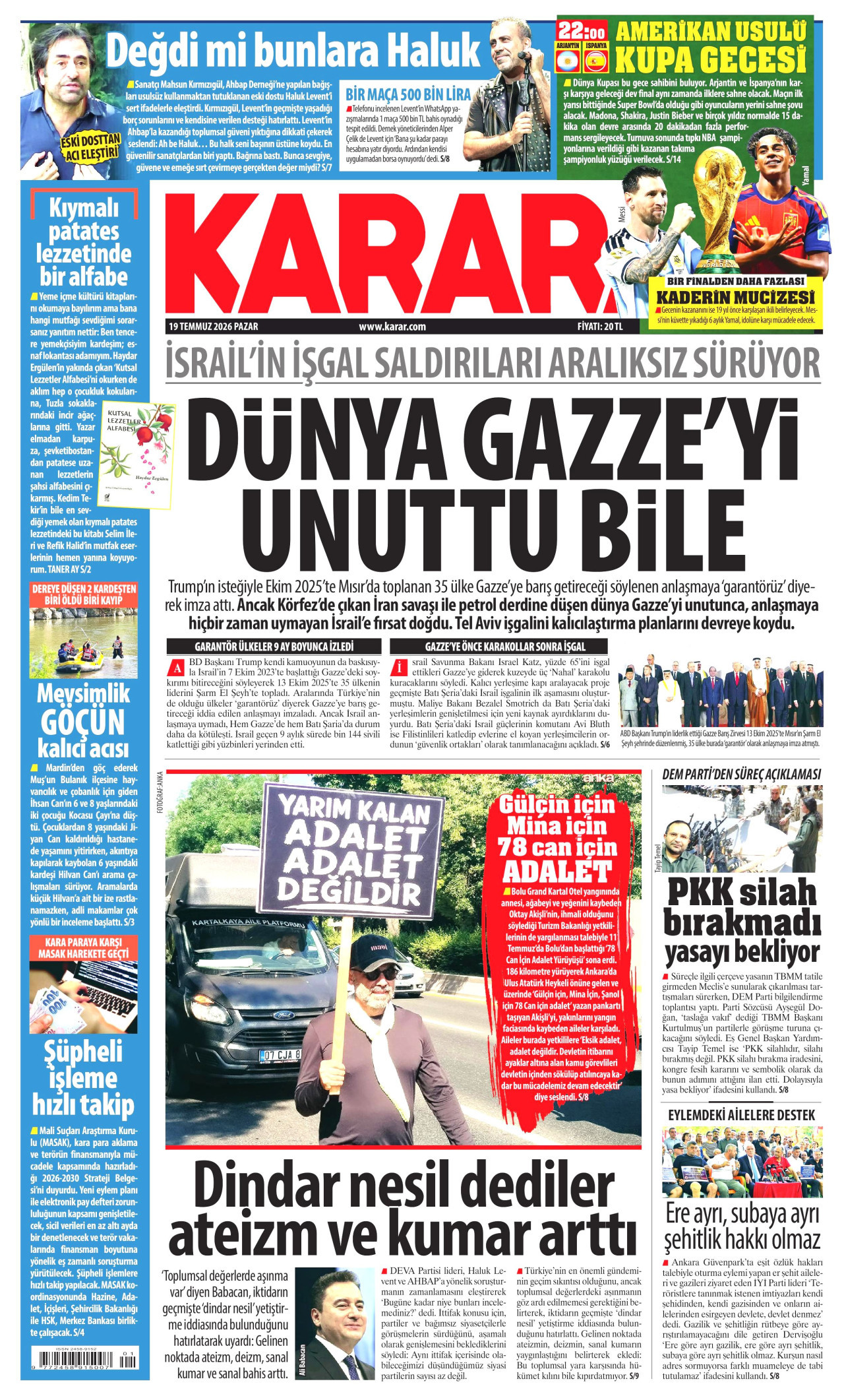 KARAR gazetesinin 19 Temmuz 2026 tarihli birinci sayfası