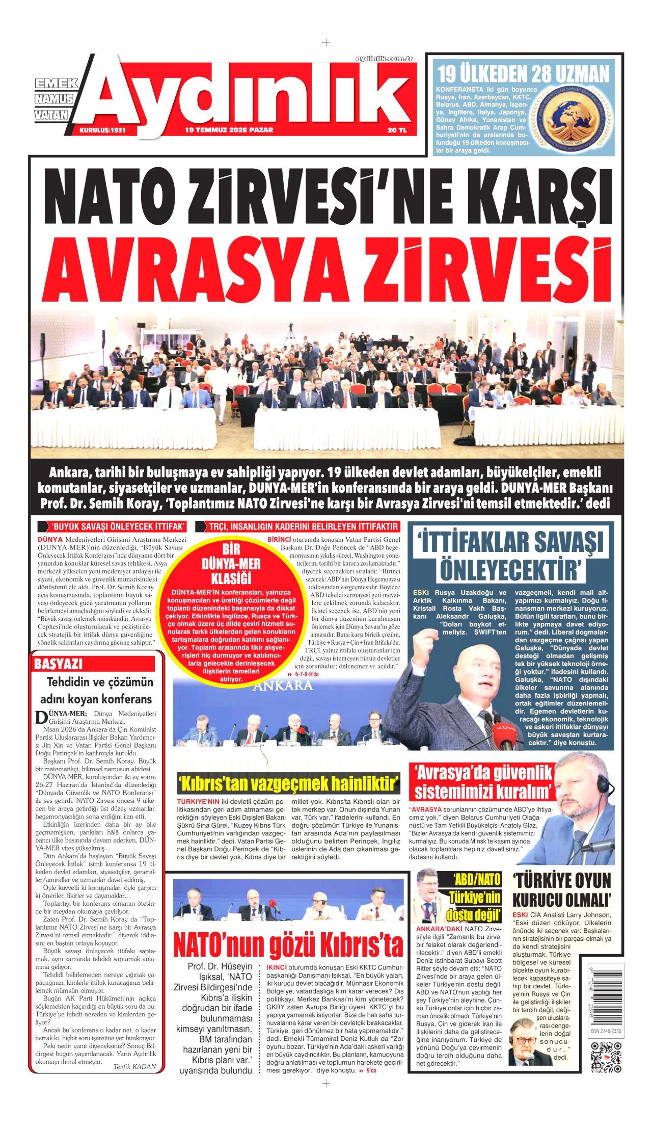 AYDINLIK GAZETESİ gazetesinin 19 Temmuz 2026 tarihli birinci sayfası