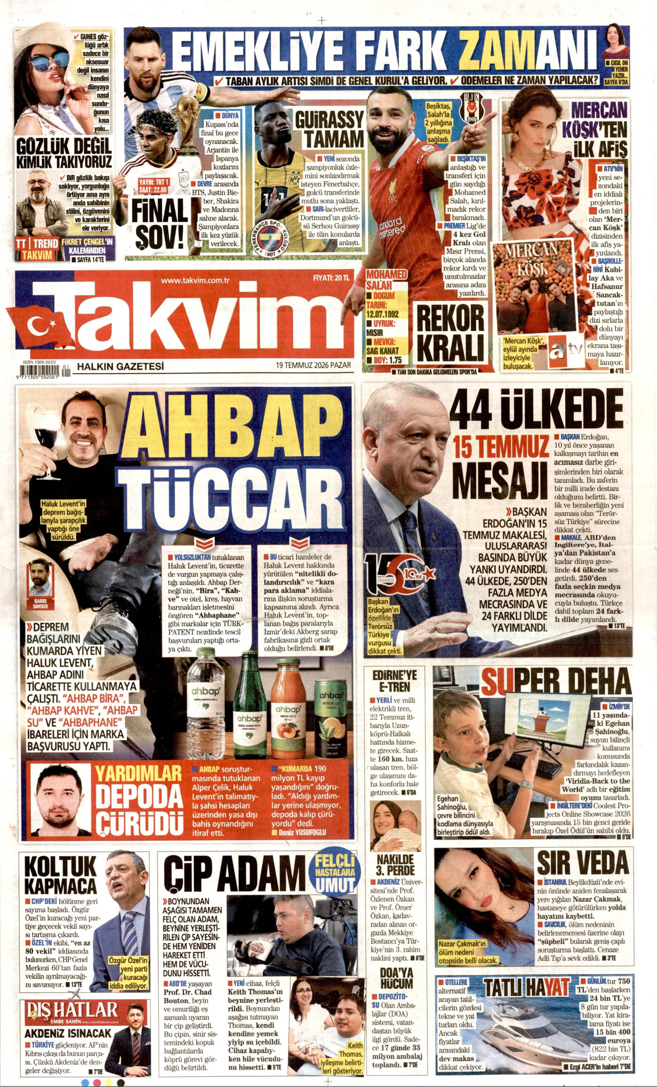 TAKVİM gazetesinin 19 Temmuz 2026 tarihli birinci sayfası