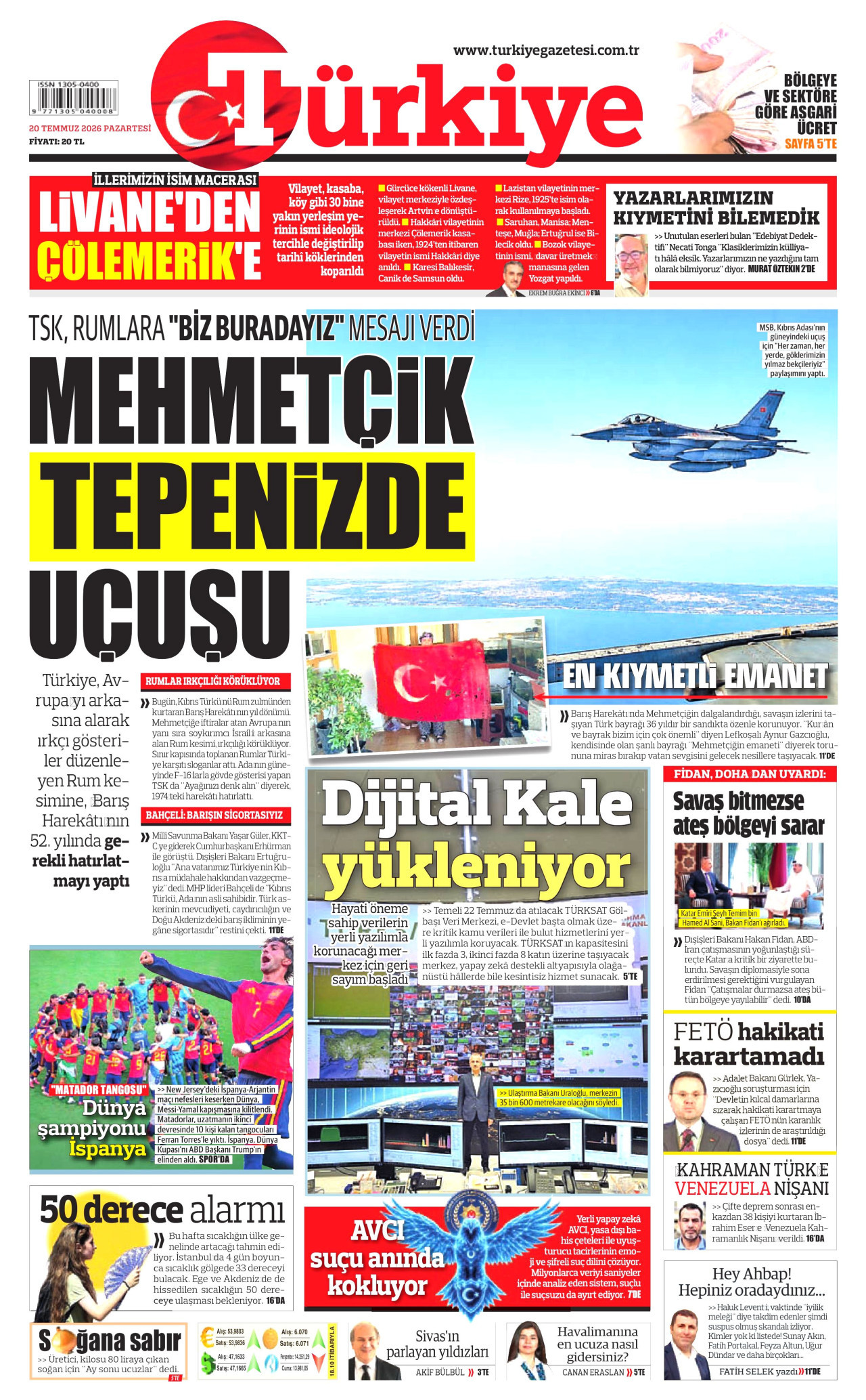 TÜRKİYE GAZETESİ gazetesinin 20 Temmuz 2026 tarihli birinci sayfası