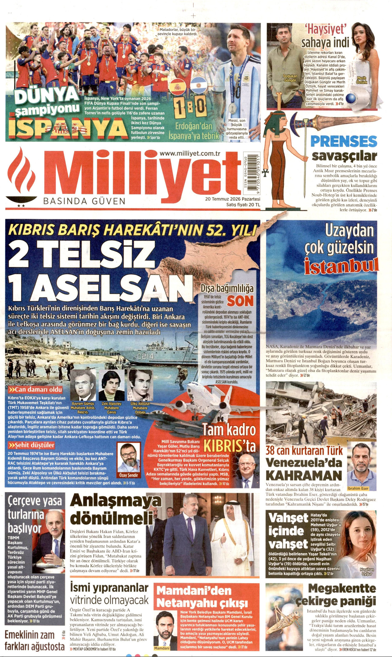 MİLLİYET gazetesinin 20 Temmuz 2026 tarihli birinci sayfası