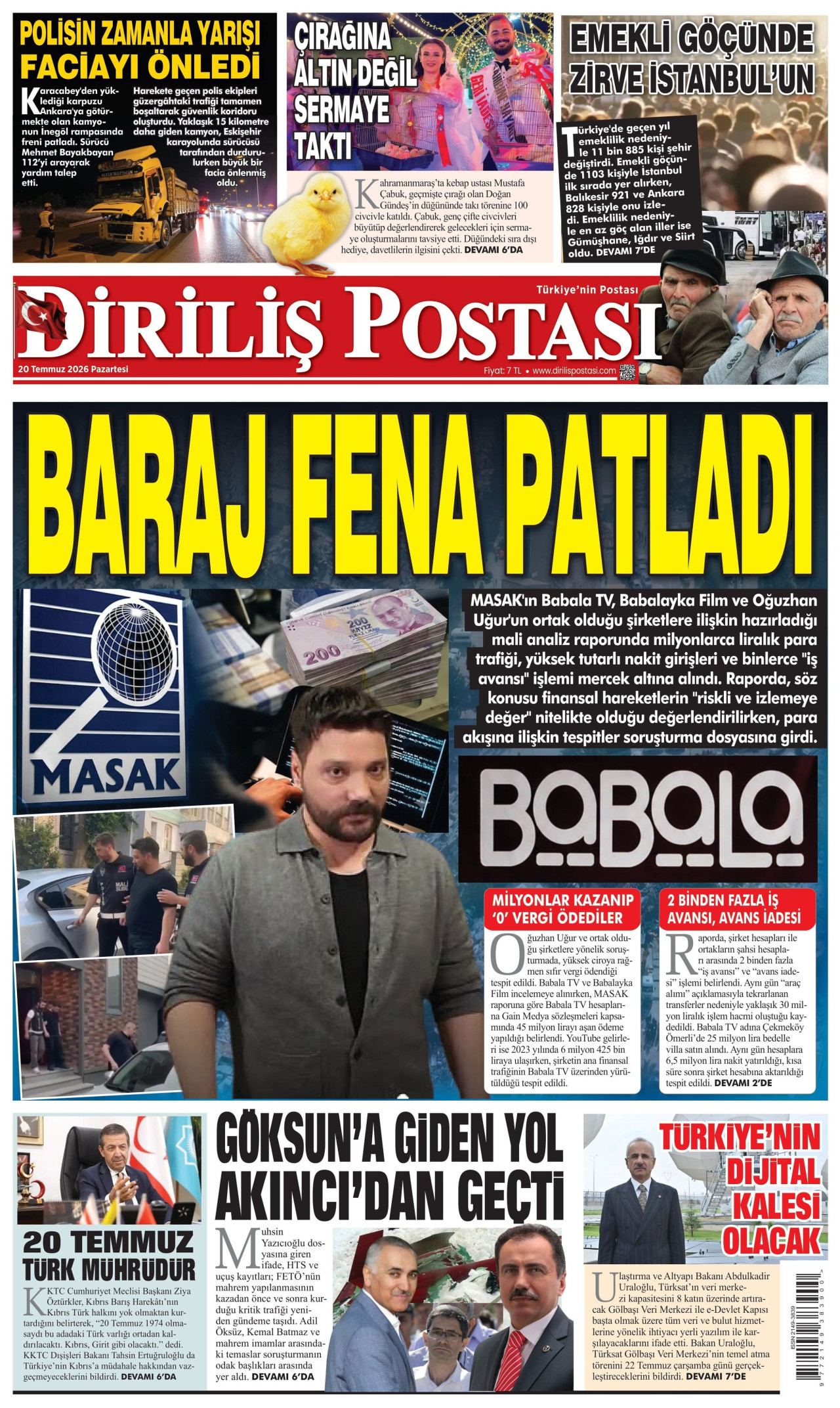 DİRİLİŞ POSTASI gazetesinin 20 Temmuz 2026 tarihli birinci sayfası