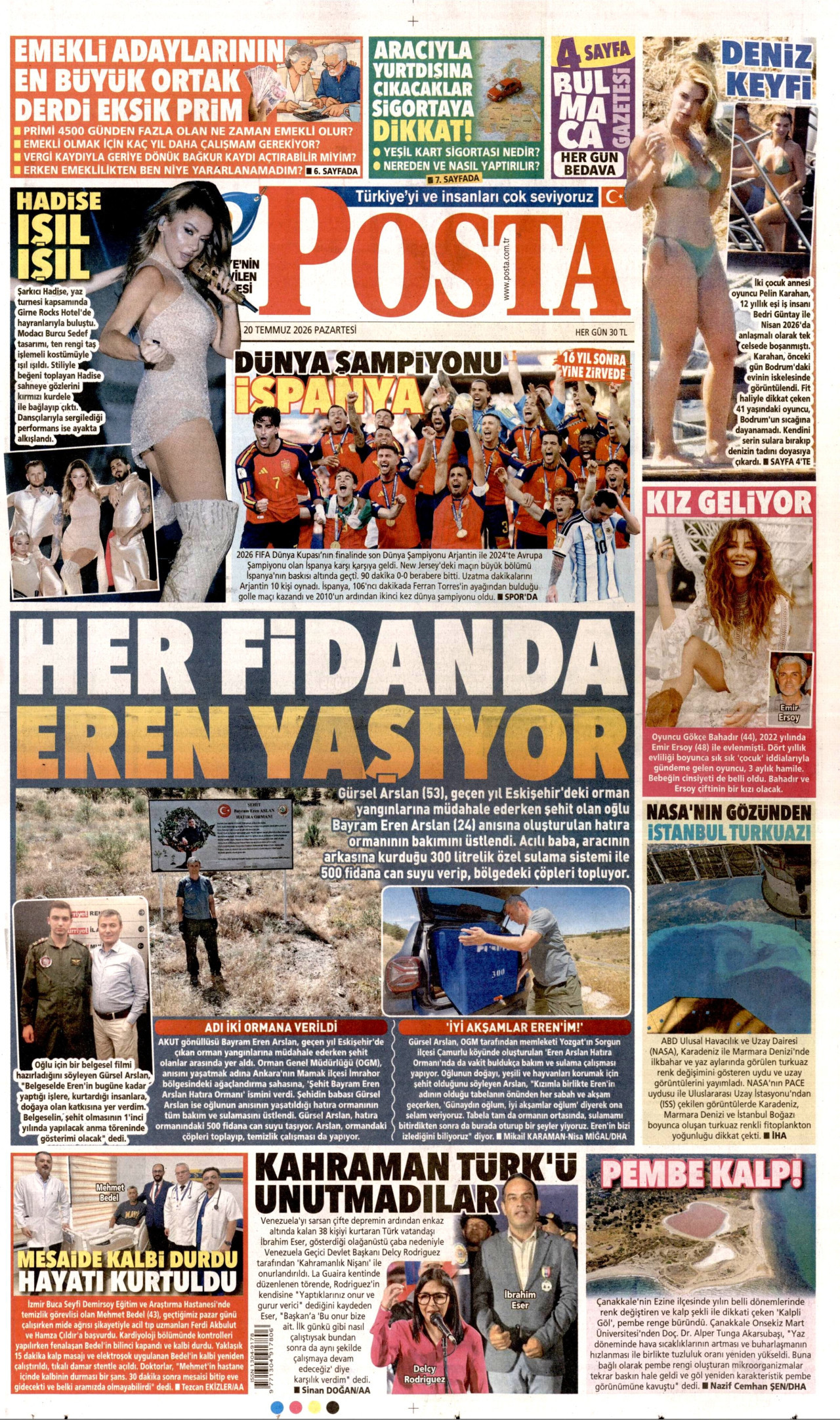 POSTA gazetesinin 20 Temmuz 2026 tarihli birinci sayfası