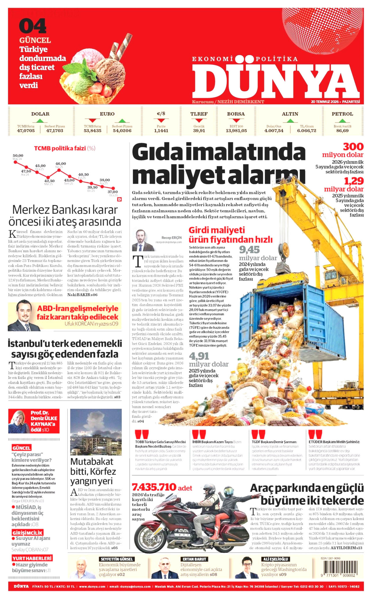 DÜNYA gazetesinin 20 Temmuz 2026 tarihli birinci sayfası