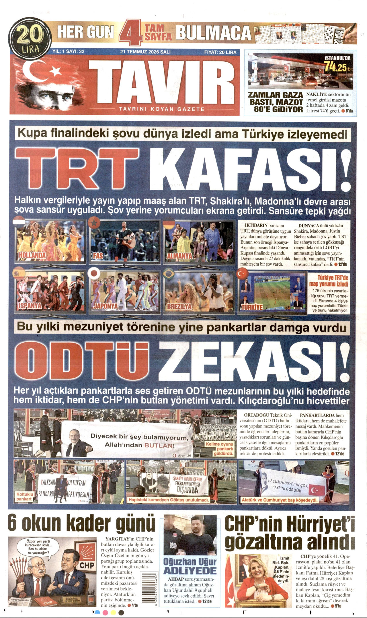 TAVIR GAZETESİ gazetesinin 21 Temmuz 2026 tarihli birinci sayfası