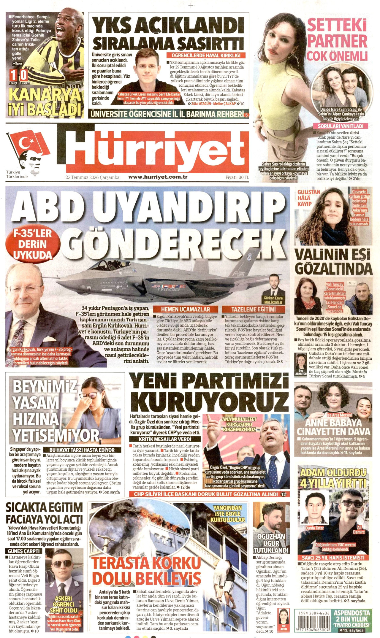 HÜRRİYET gazetesinin 22 Temmuz 2026 tarihli birinci sayfası