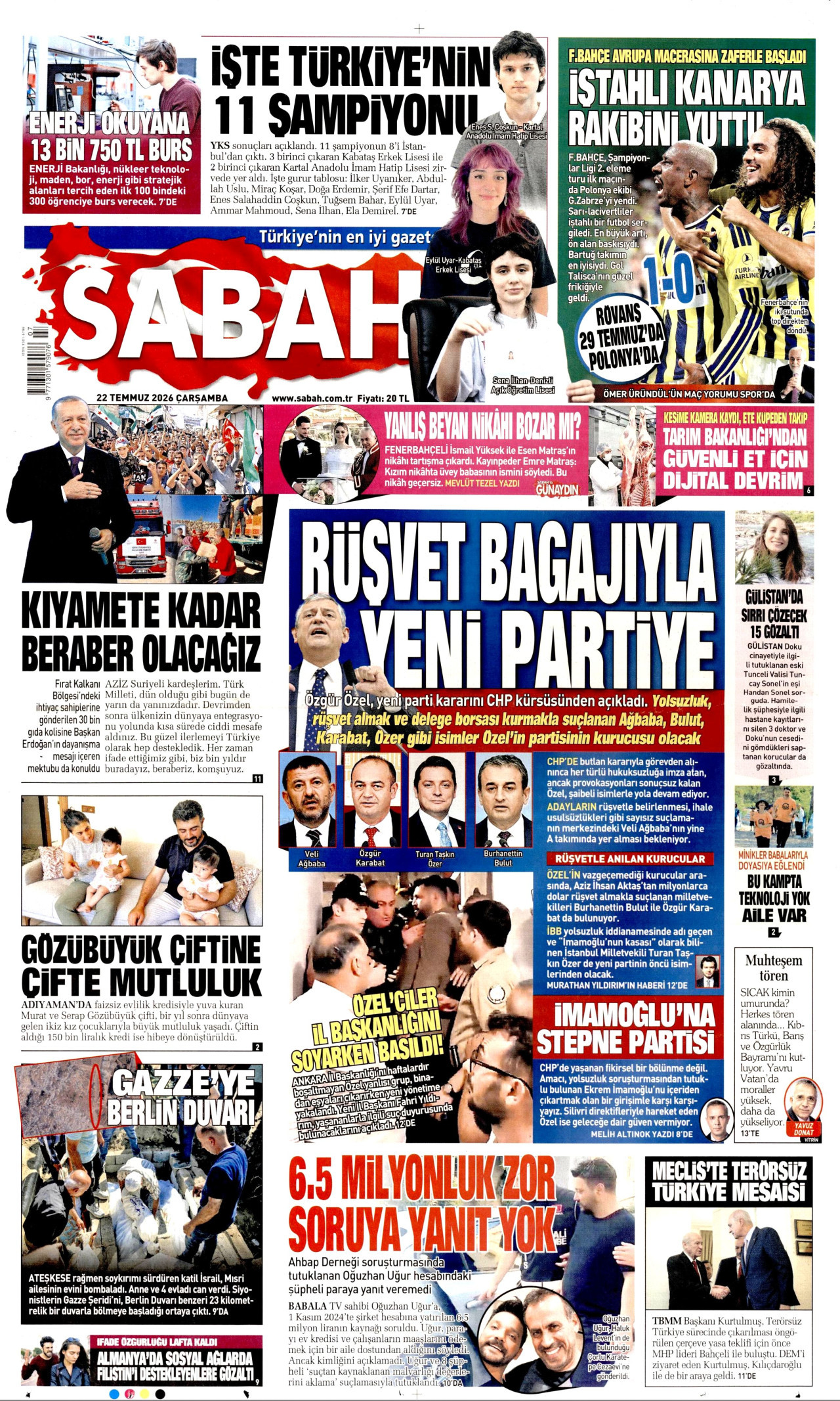 SABAH gazetesinin 22 Temmuz 2026 tarihli birinci sayfası