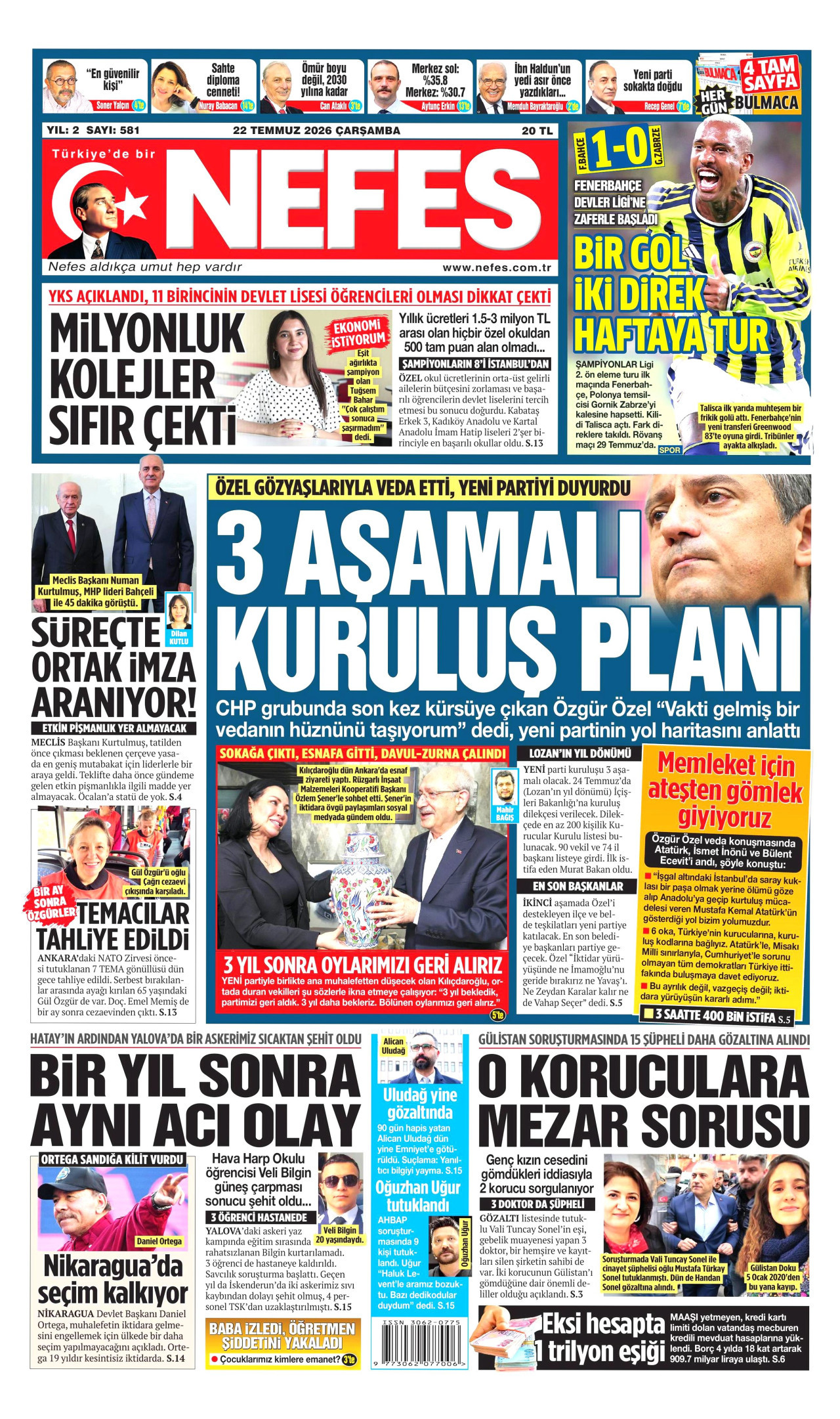 NEFES gazetesinin 22 Temmuz 2026 tarihli birinci sayfası