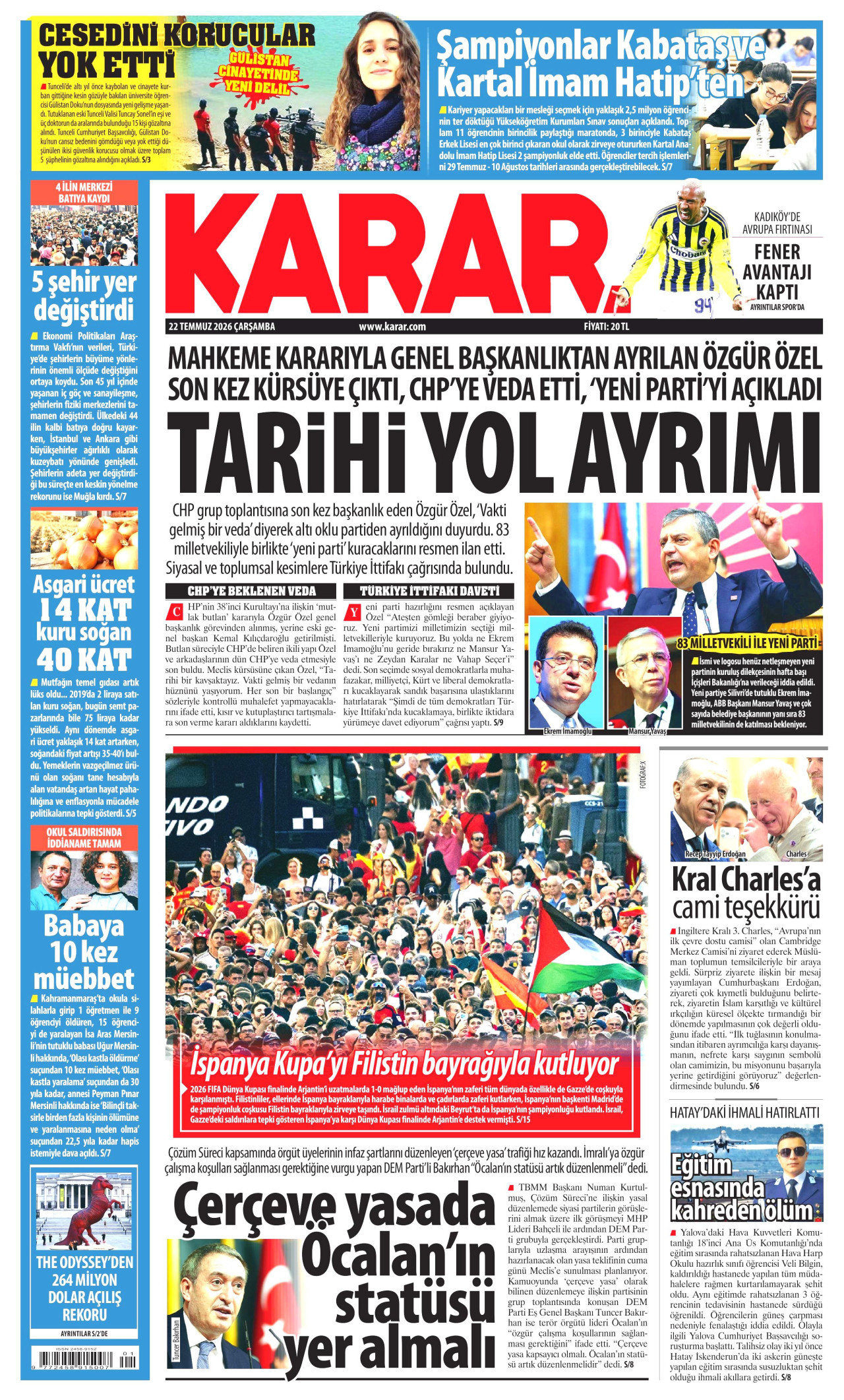 KARAR gazetesinin 22 Temmuz 2026 tarihli birinci sayfası