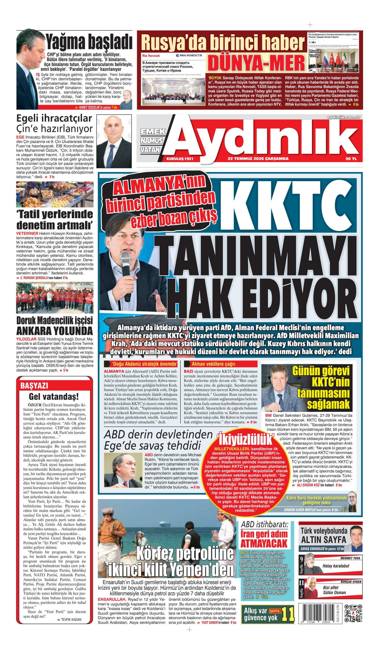 AYDINLIK GAZETESİ gazetesinin 22 Temmuz 2026 tarihli birinci sayfası