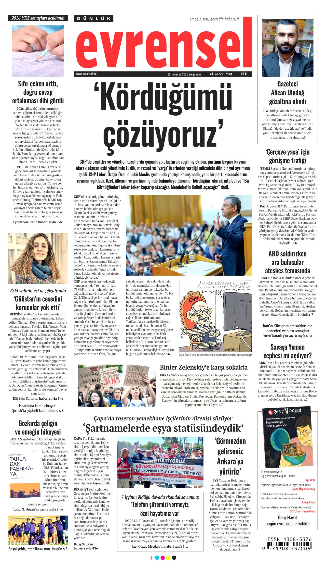 EVRENSEL gazetesinin 22 Temmuz 2026 tarihli birinci sayfası