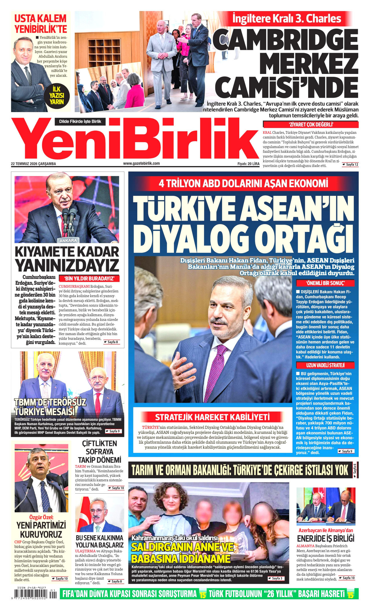 YENİBİRLİK gazetesinin 22 Temmuz 2026 tarihli birinci sayfası