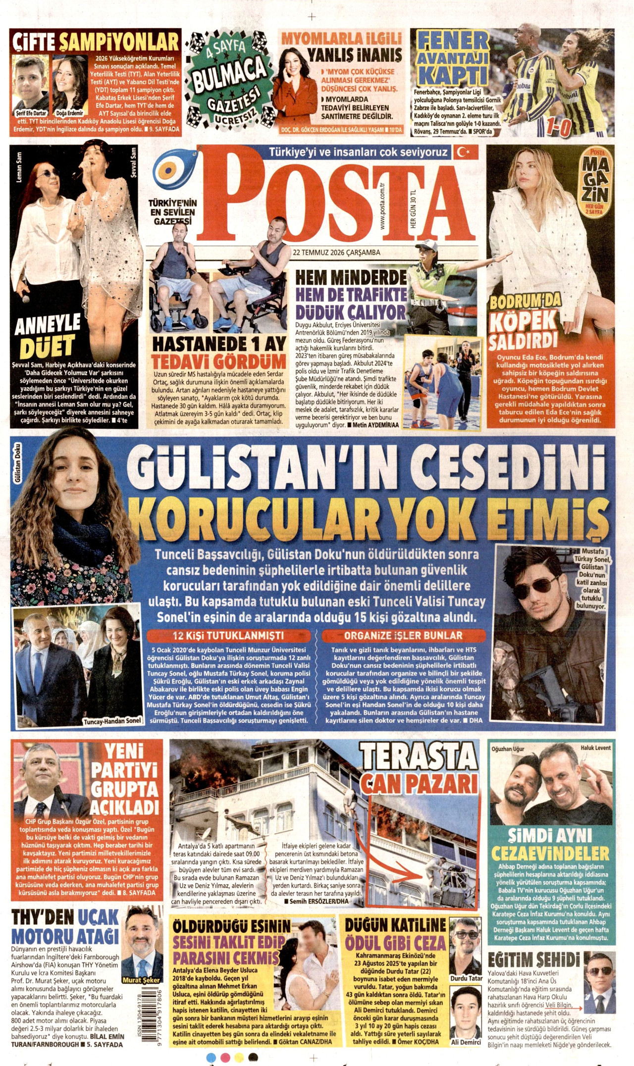 POSTA gazetesinin 22 Temmuz 2026 tarihli birinci sayfası