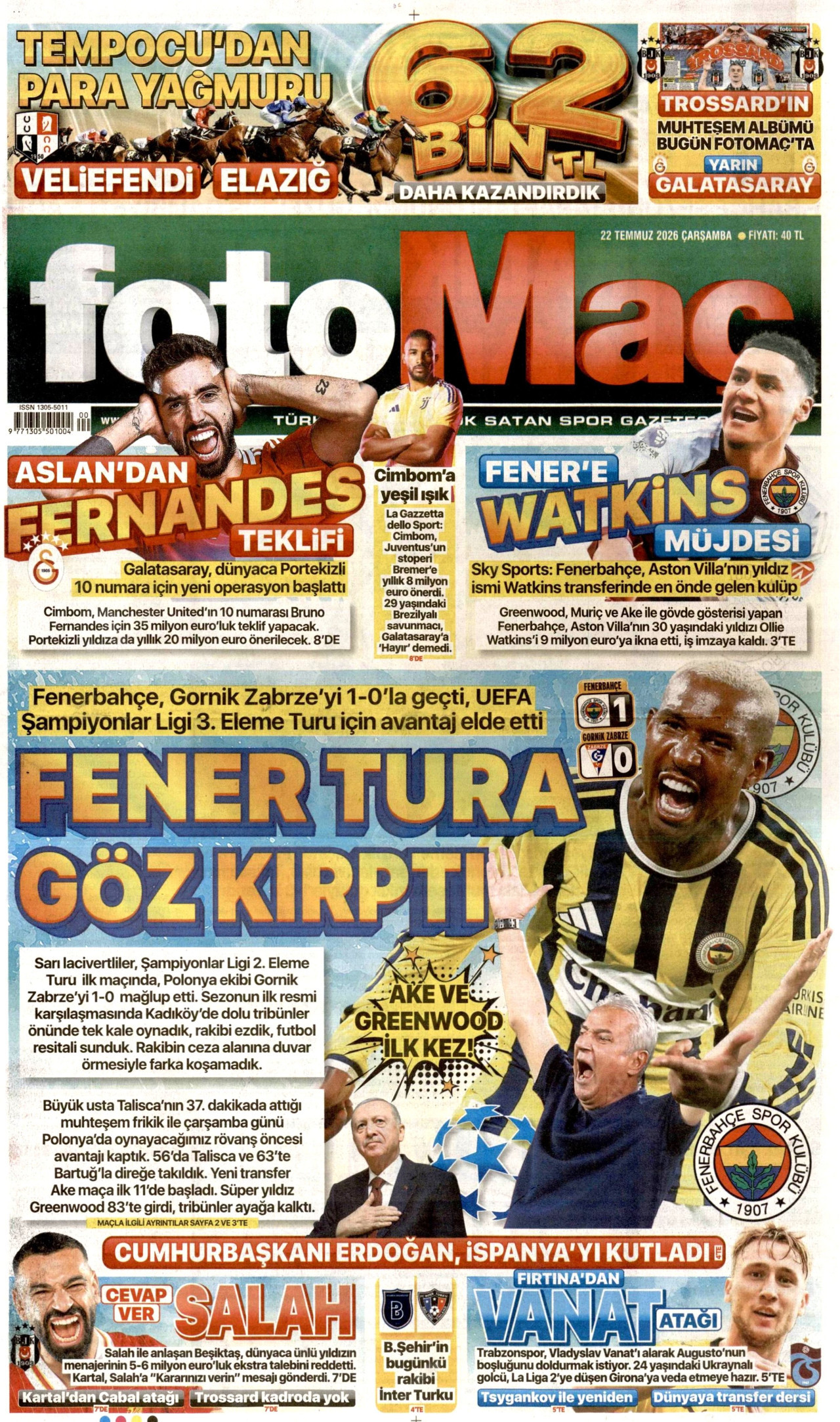 FOTOMAÇ gazetesinin 22 Temmuz 2026 tarihli birinci sayfası