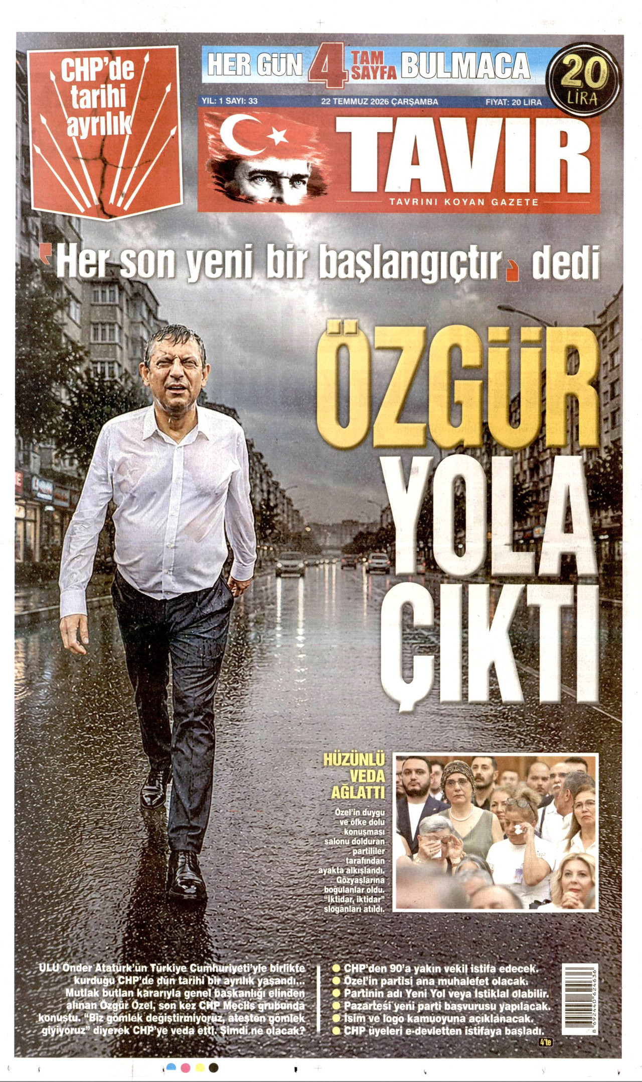 TAVIR GAZETESİ gazetesinin 22 Temmuz 2026 tarihli birinci sayfası
