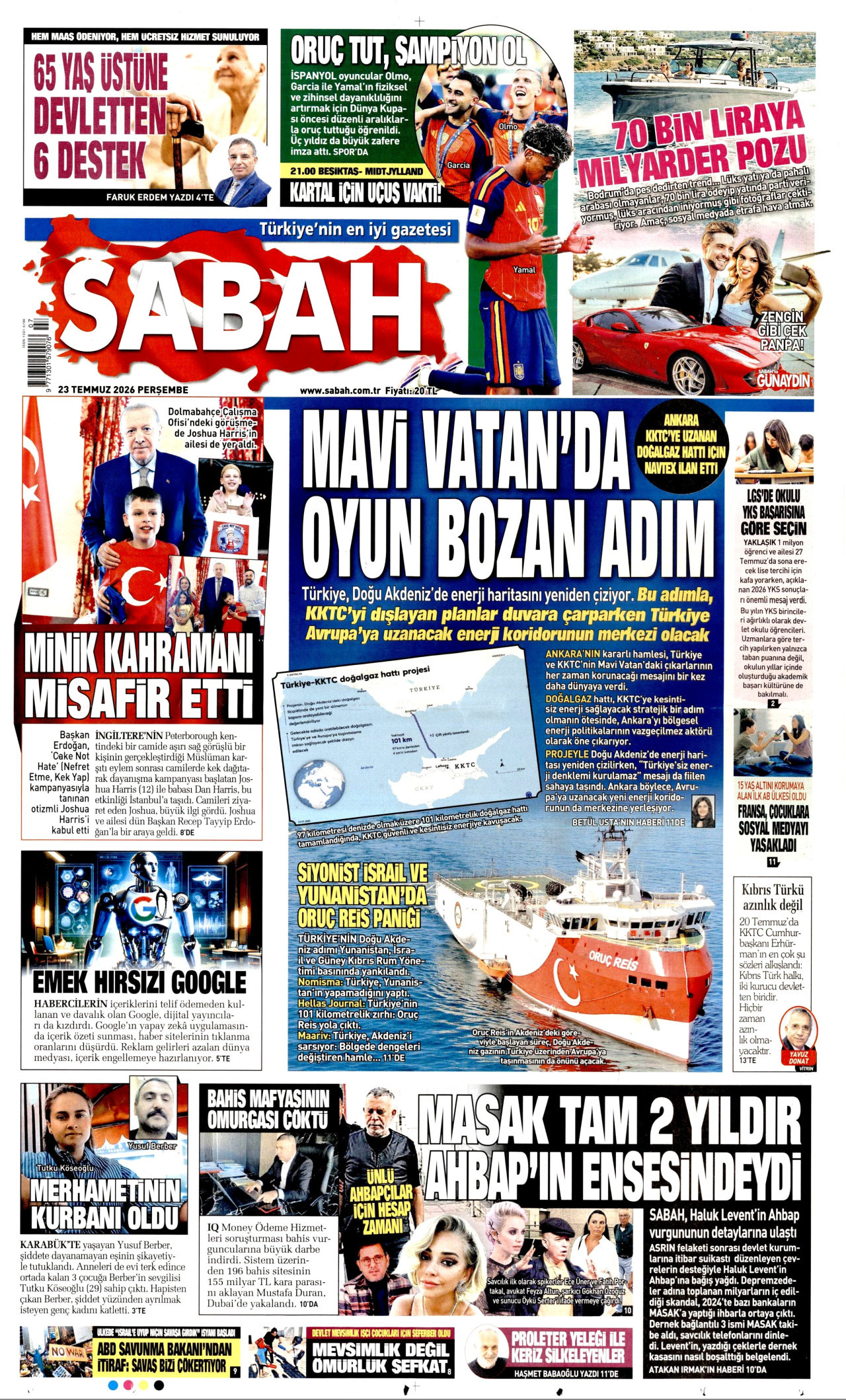 SABAH gazetesinin 23 Temmuz 2026 tarihli birinci sayfası