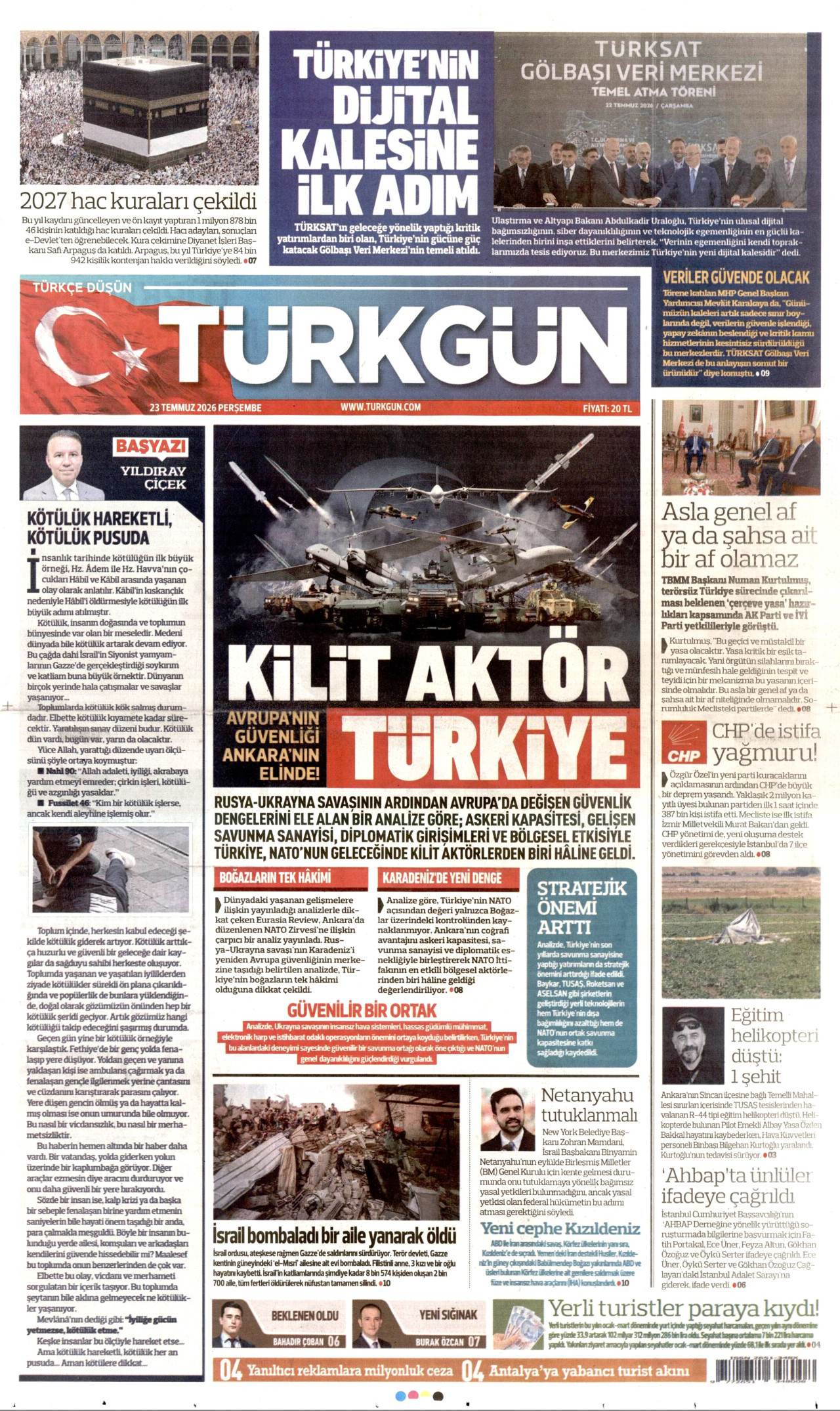 TÜRKGÜN gazetesinin 23 Temmuz 2026 tarihli birinci sayfası
