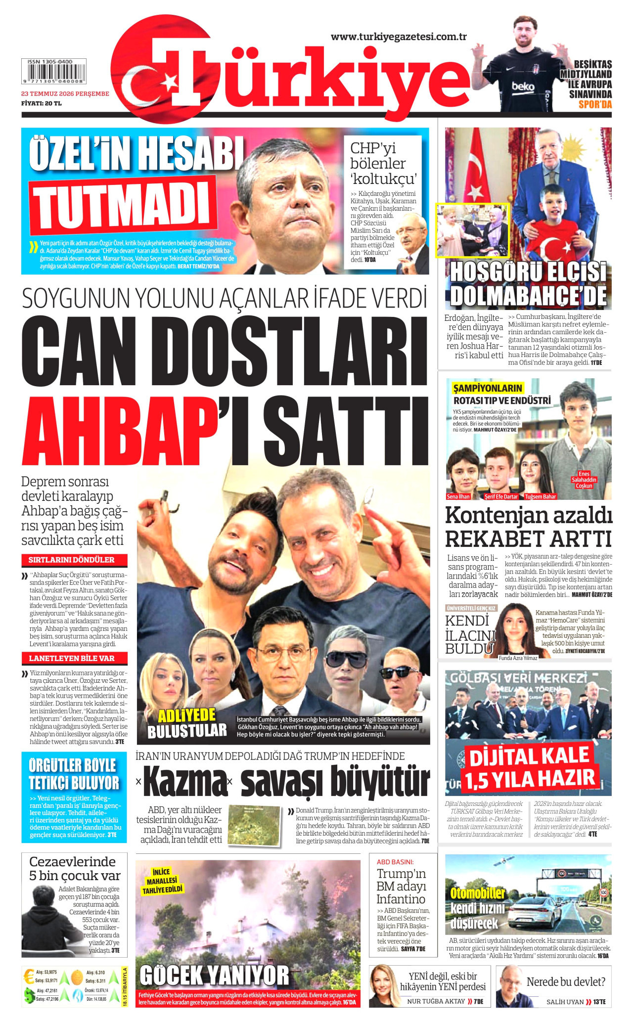 TÜRKİYE GAZETESİ gazetesinin 23 Temmuz 2026 tarihli birinci sayfası