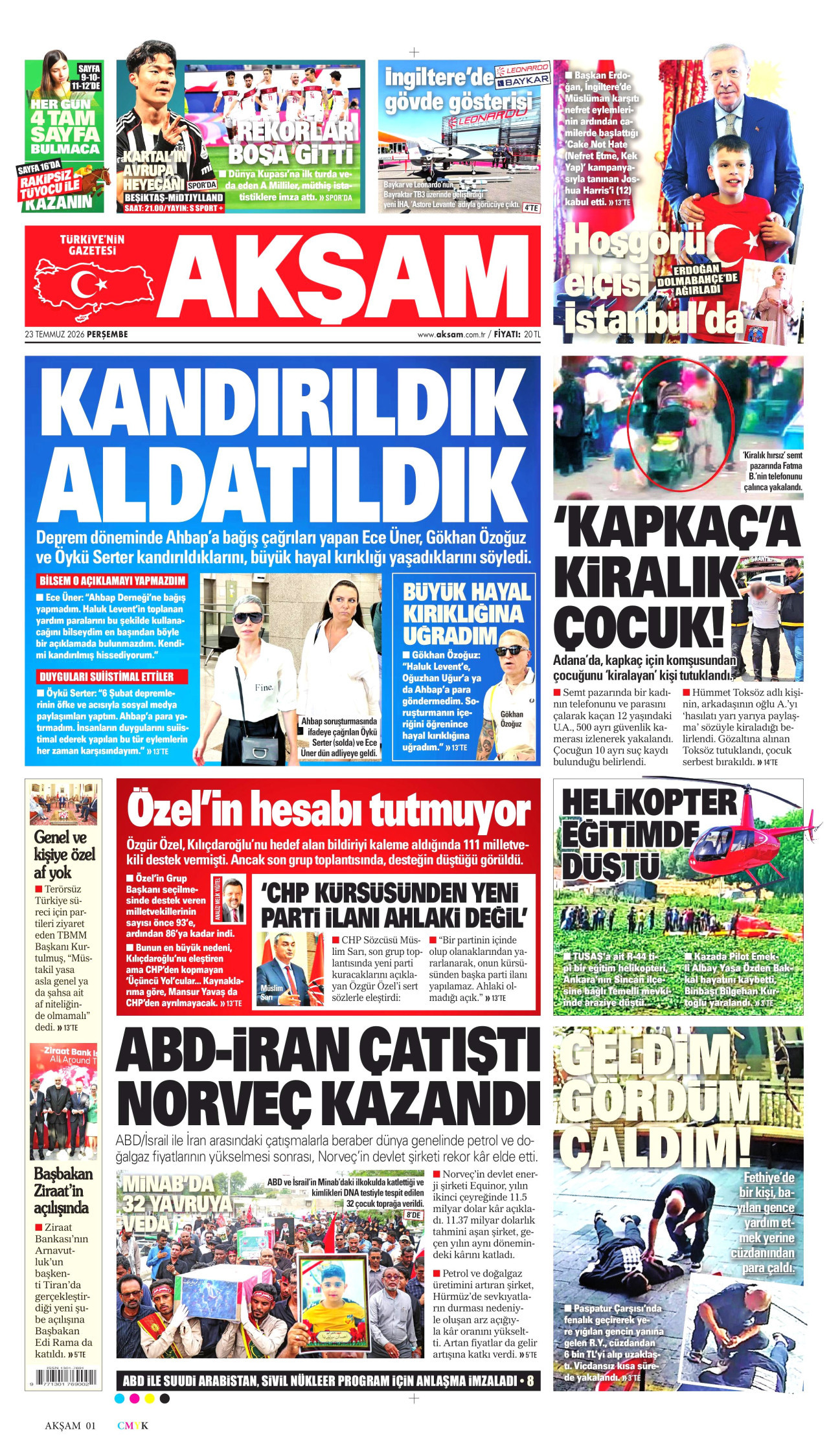 AKŞAM gazetesinin 23 Temmuz 2026 tarihli birinci sayfası