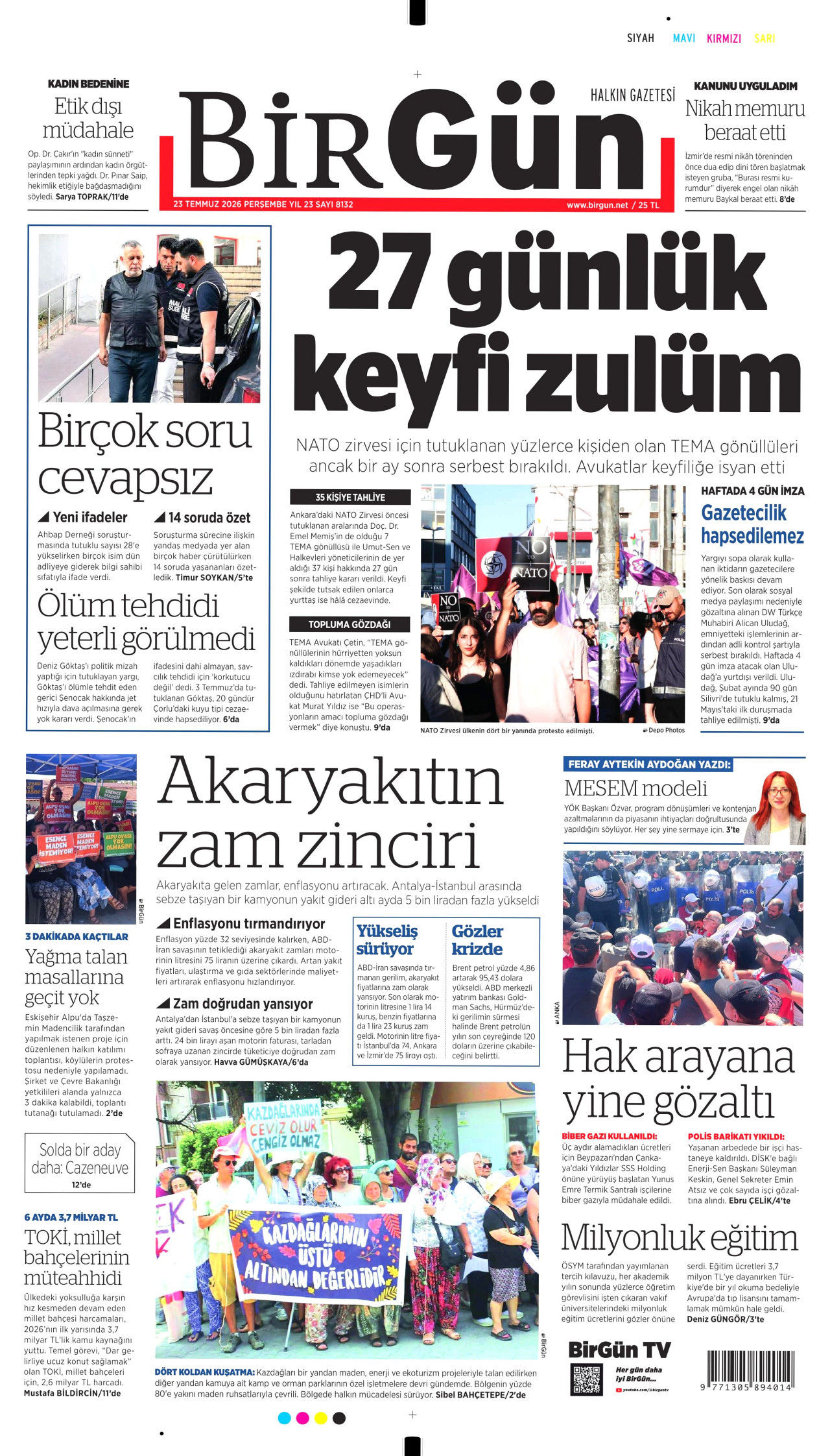 BİRGÜN gazetesinin 23 Temmuz 2026 tarihli birinci sayfası