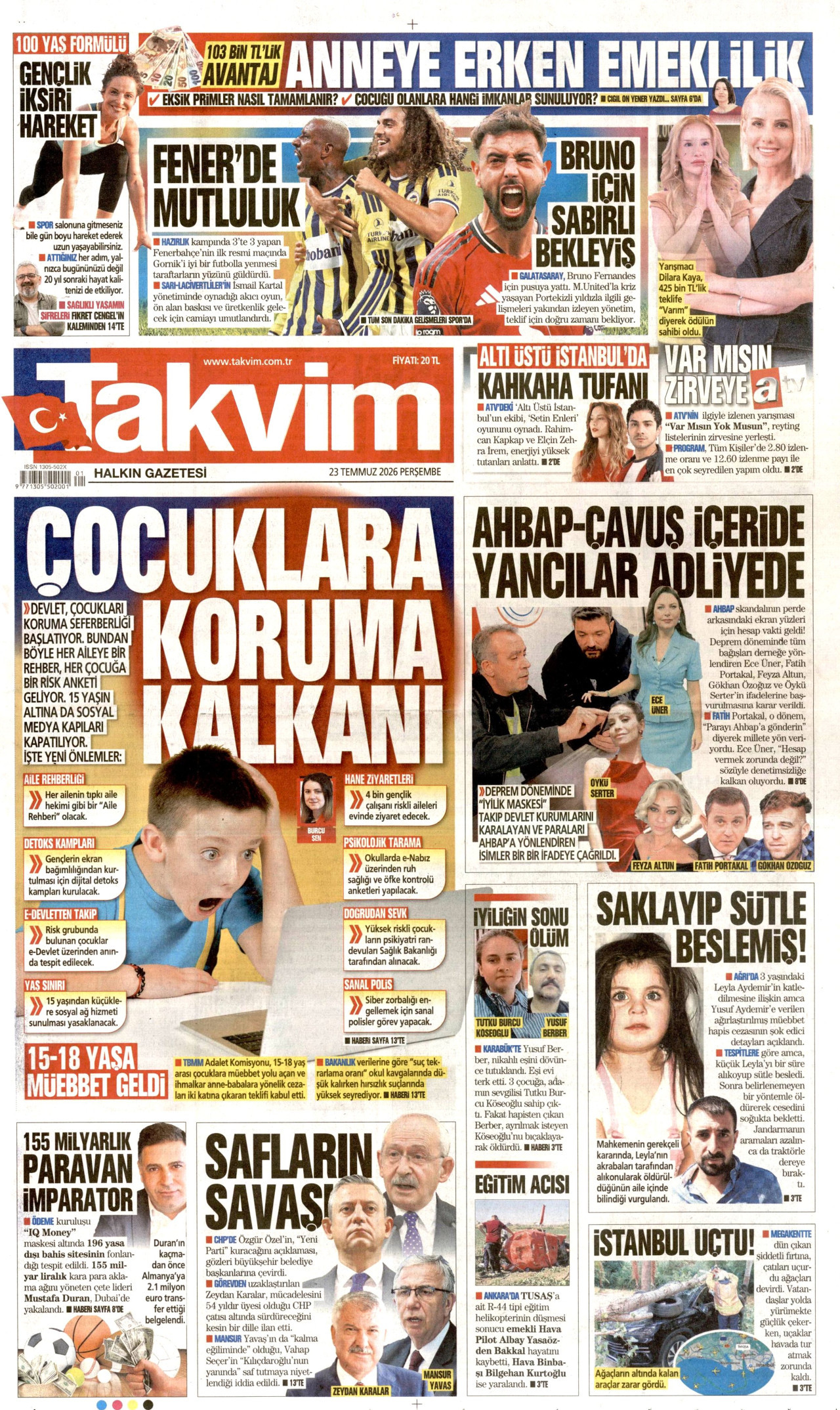 TAKVİM gazetesinin 23 Temmuz 2026 tarihli birinci sayfası