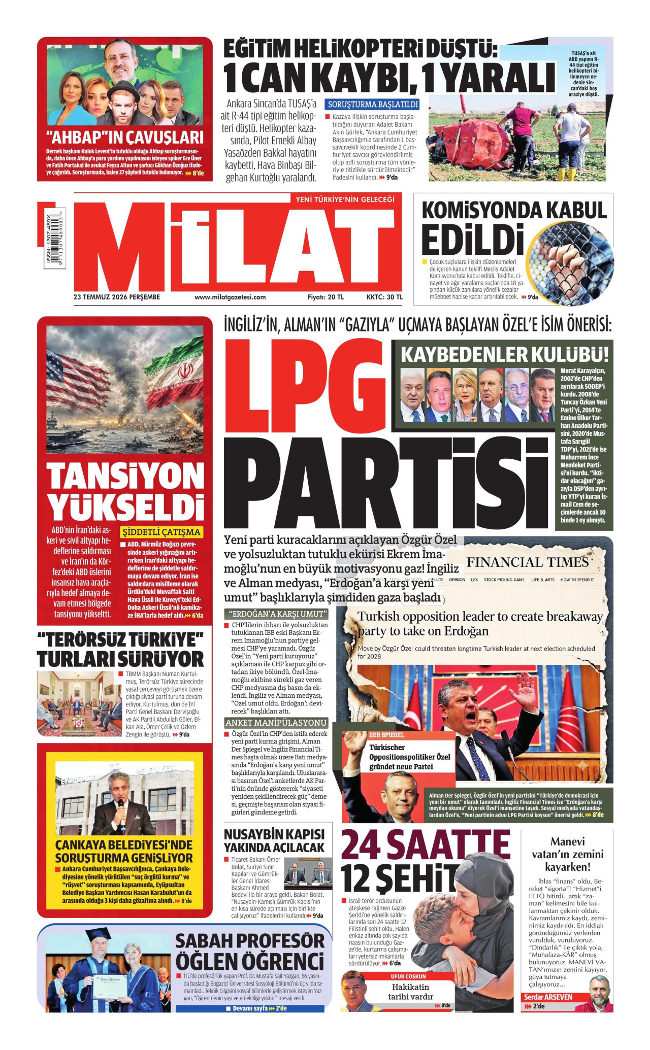 MİLAT gazetesinin 23 Temmuz 2026 tarihli birinci sayfası