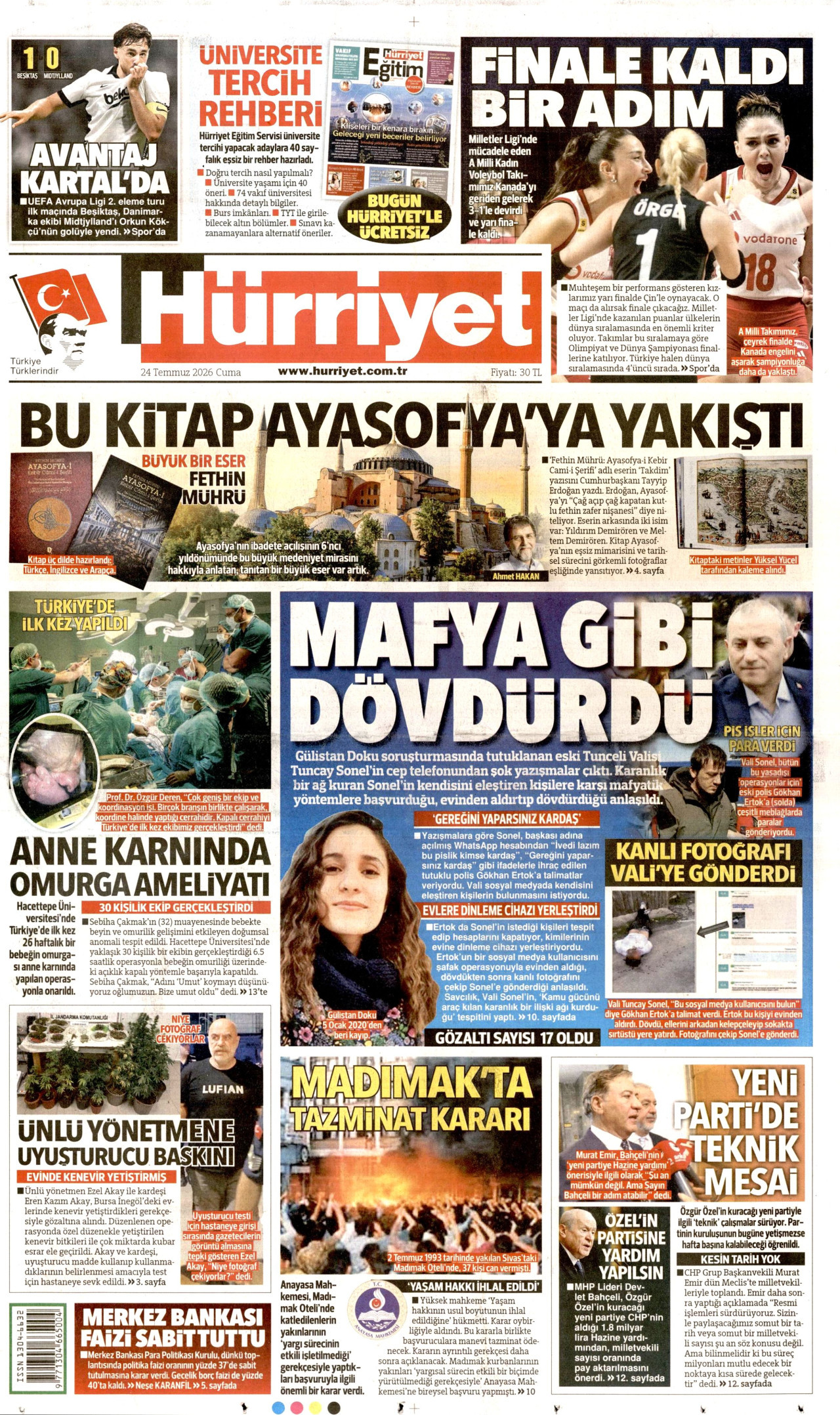 HÜRRİYET gazetesinin 24 Temmuz 2026 tarihli birinci sayfası