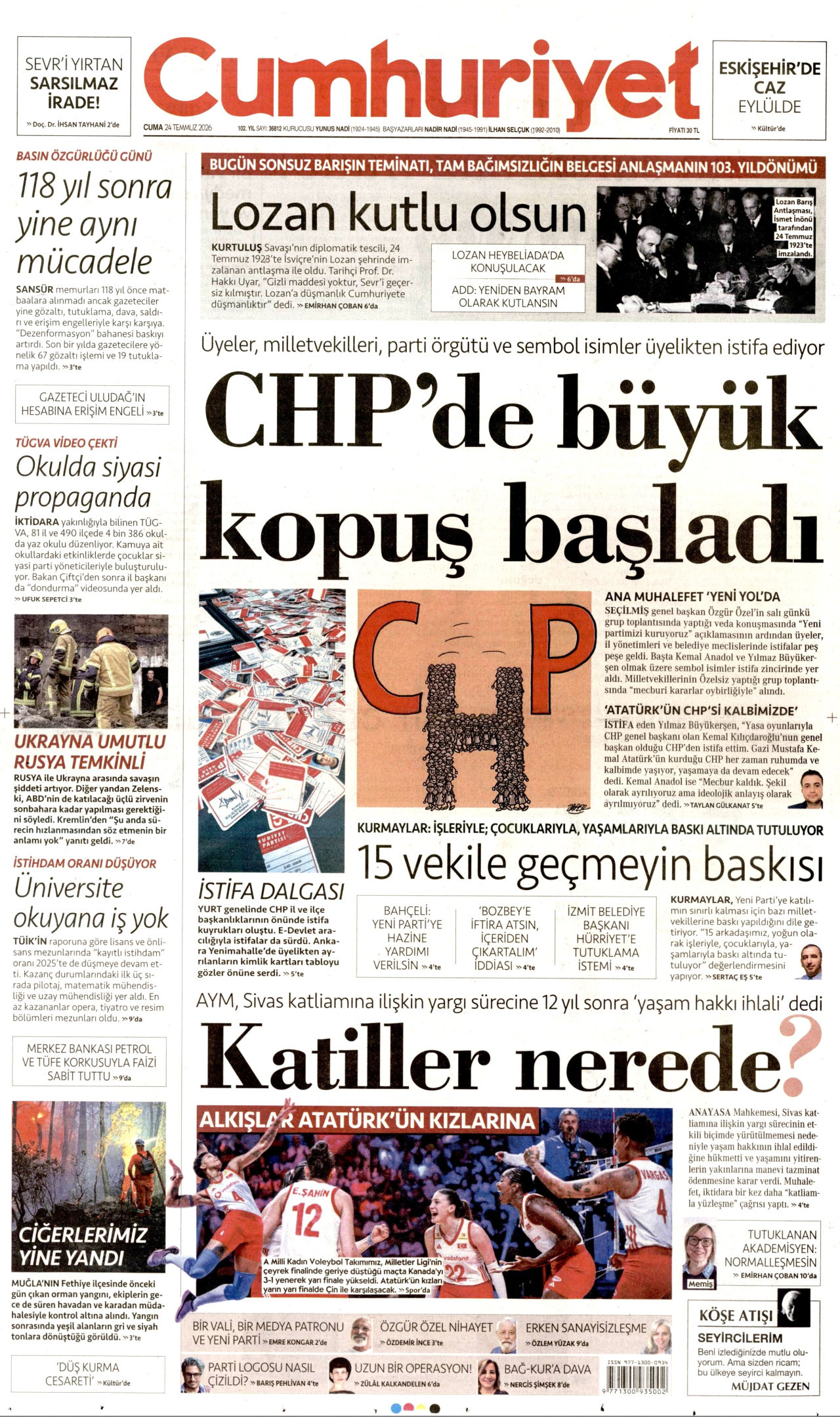CUMHURİYET gazetesinin 24 Temmuz 2026 tarihli birinci sayfası