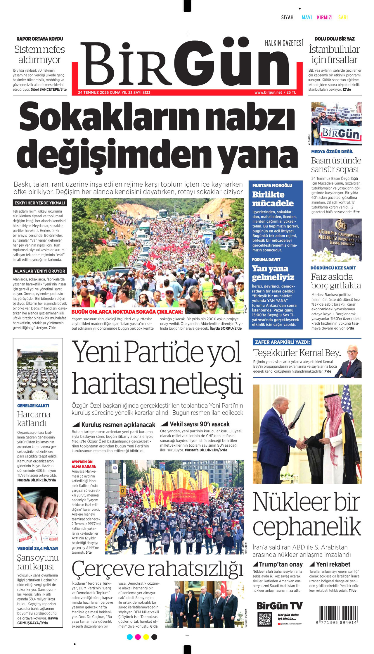 BİRGÜN gazetesinin 24 Temmuz 2026 tarihli birinci sayfası