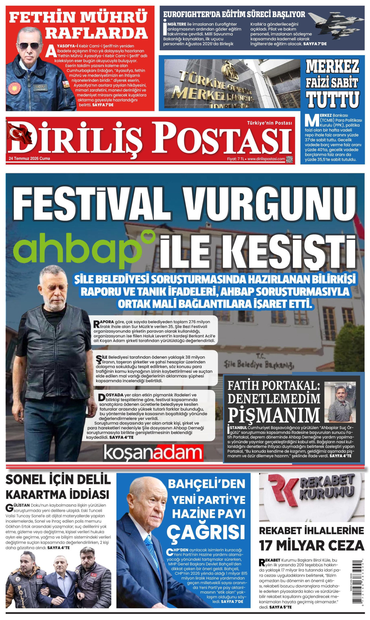 DİRİLİŞ POSTASI gazetesinin 24 Temmuz 2026 tarihli birinci sayfası