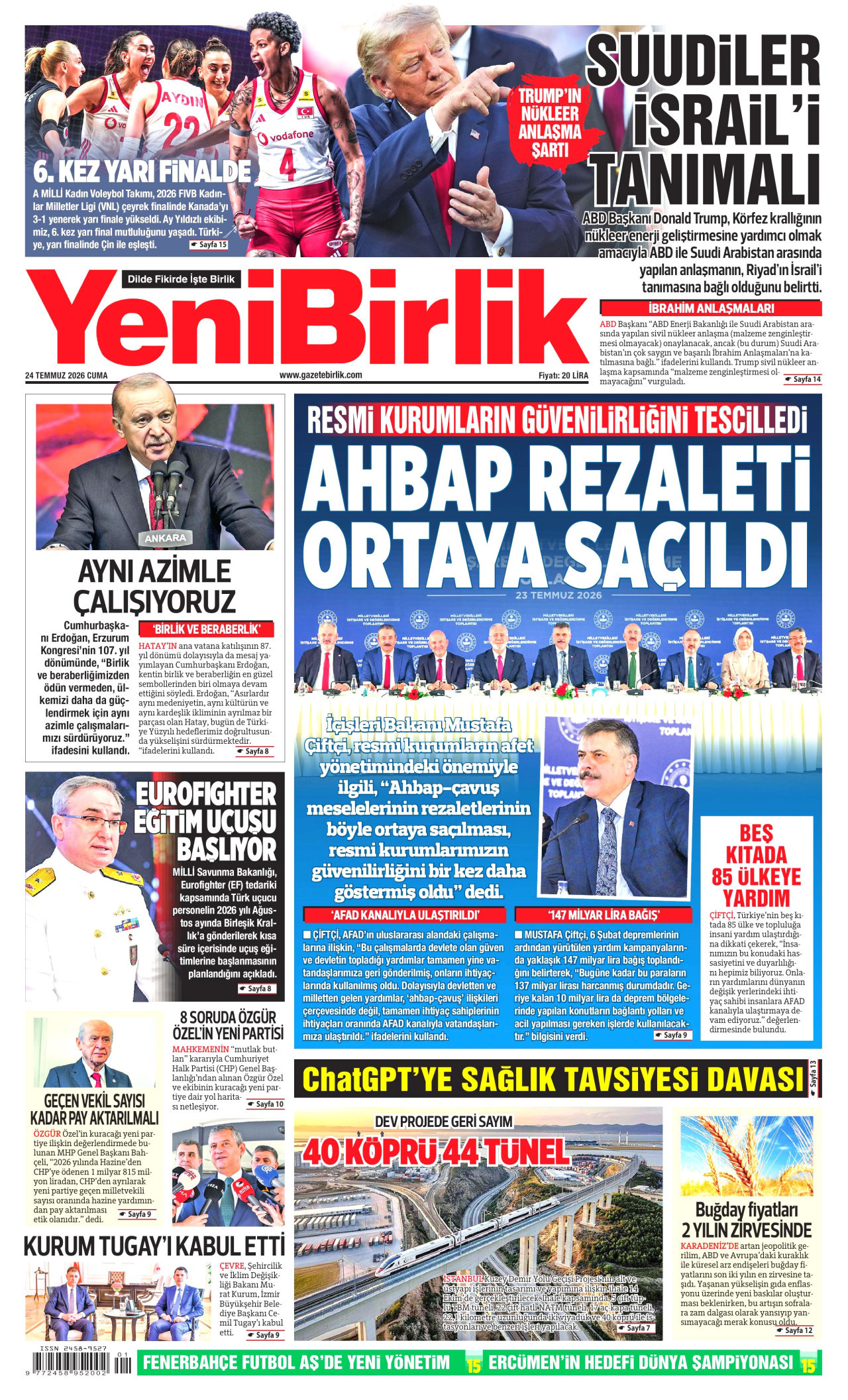 YENİBİRLİK gazetesinin 24 Temmuz 2026 tarihli birinci sayfası