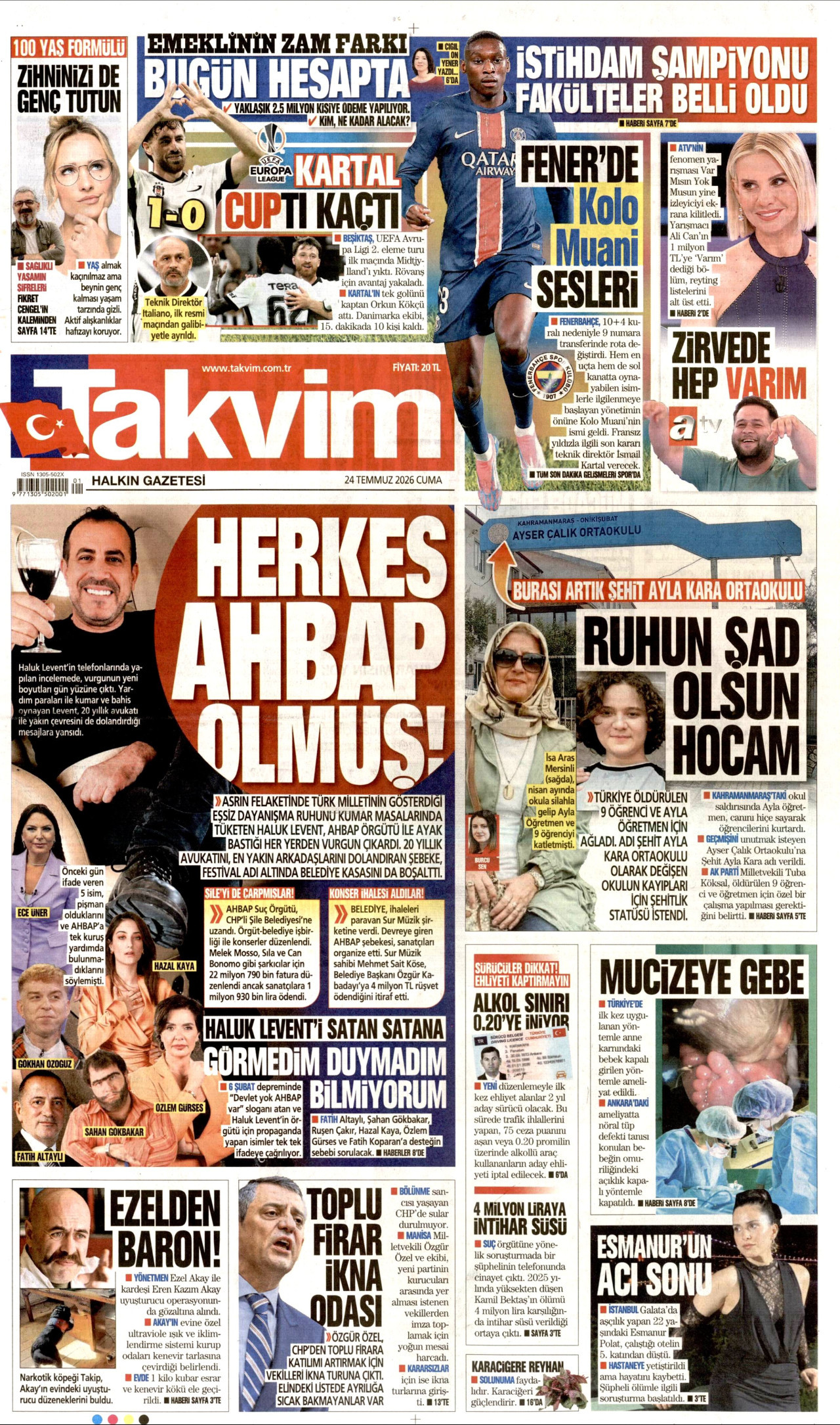 TAKVİM gazetesinin 24 Temmuz 2026 tarihli birinci sayfası