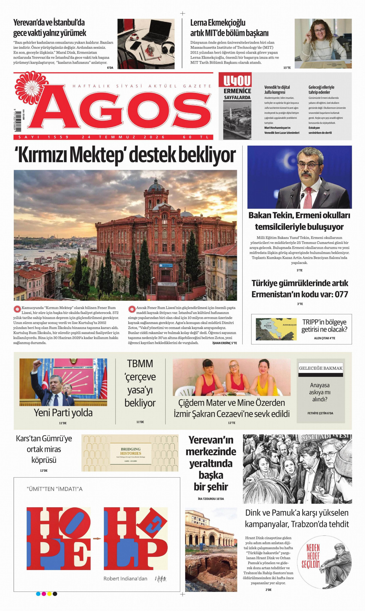 AGOS gazetesinin 24 Temmuz 2026 tarihli birinci sayfası