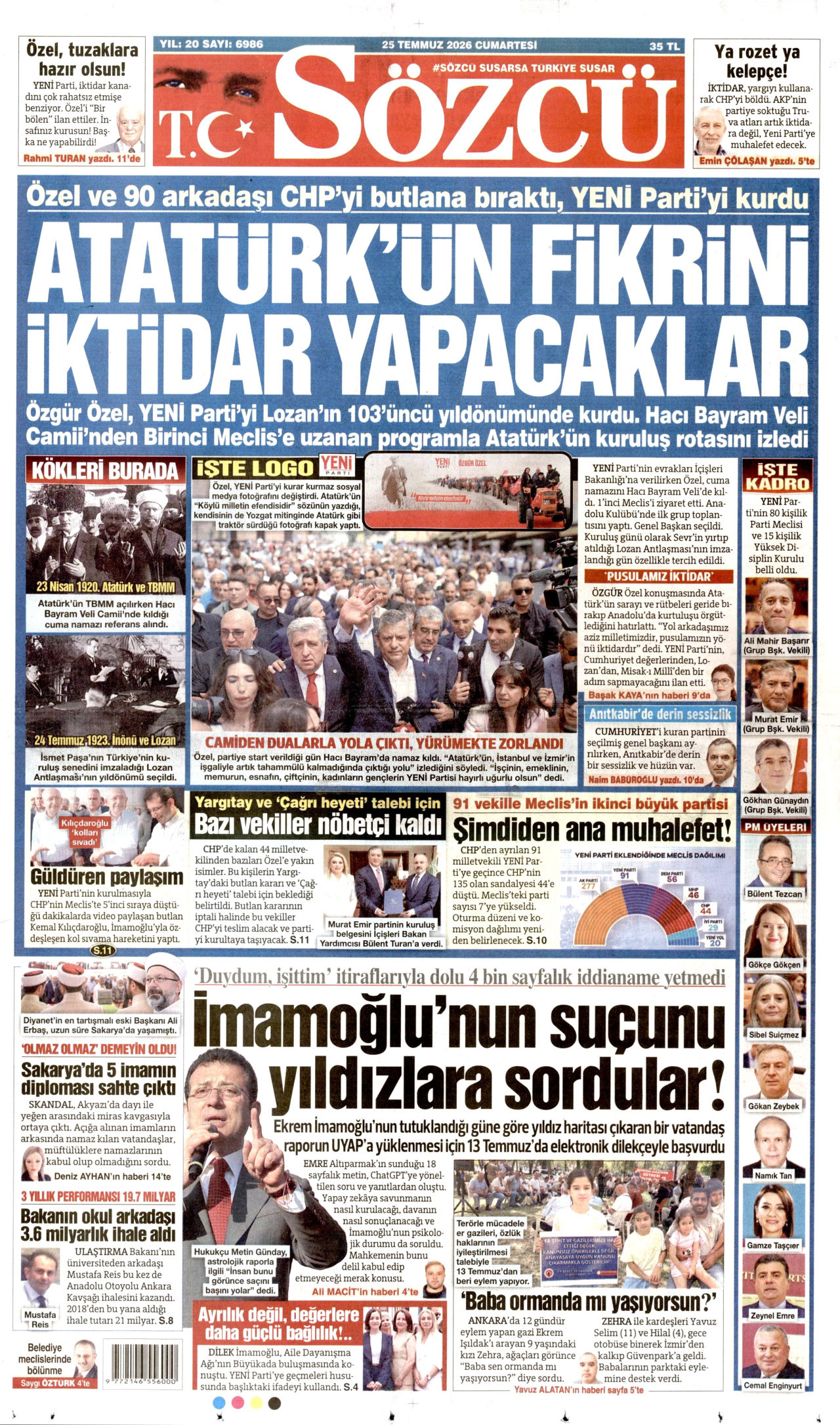 SÖZCÜ gazetesinin 25 Temmuz 2026 tarihli birinci sayfası