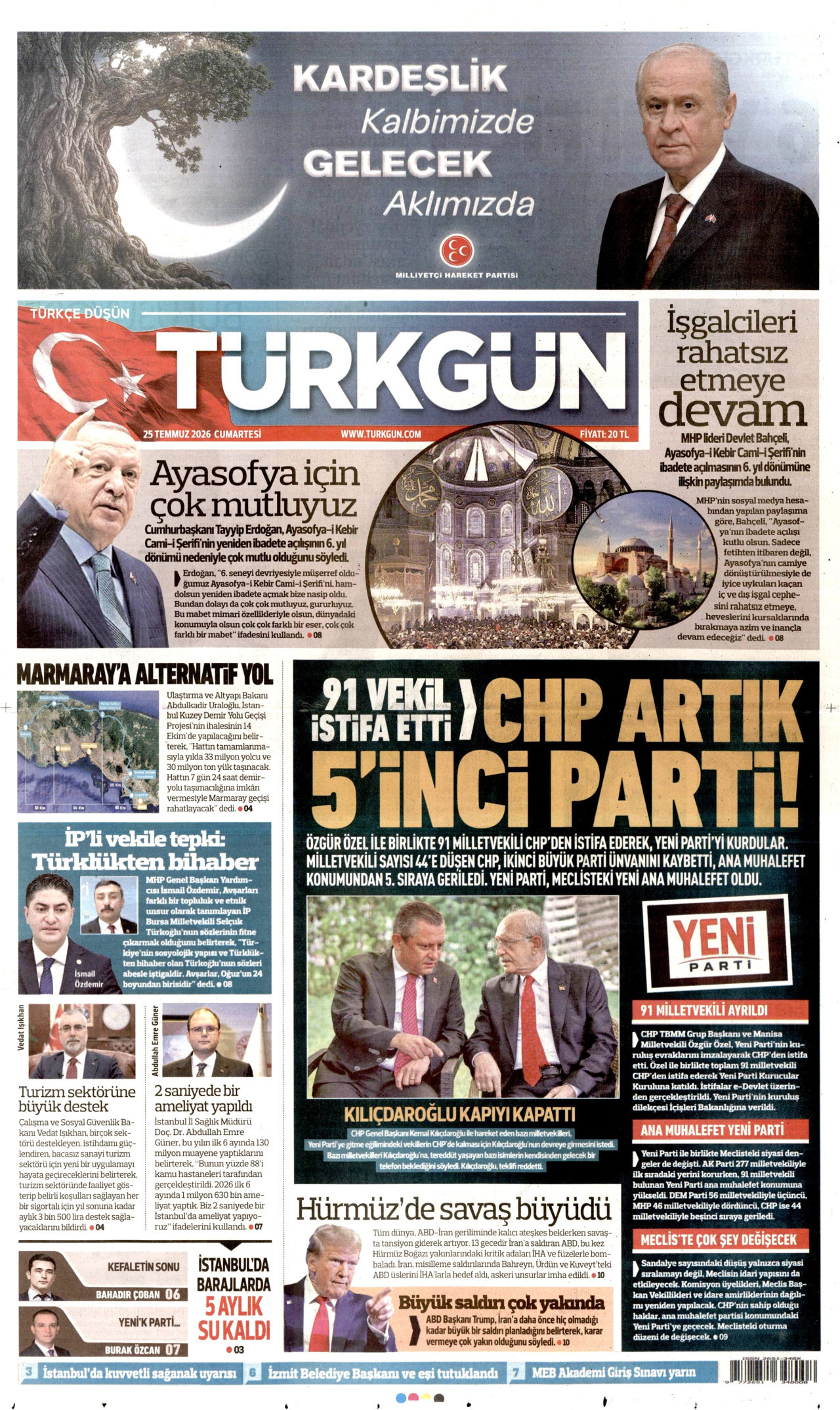 TÜRKGÜN gazetesinin 25 Temmuz 2026 tarihli birinci sayfası