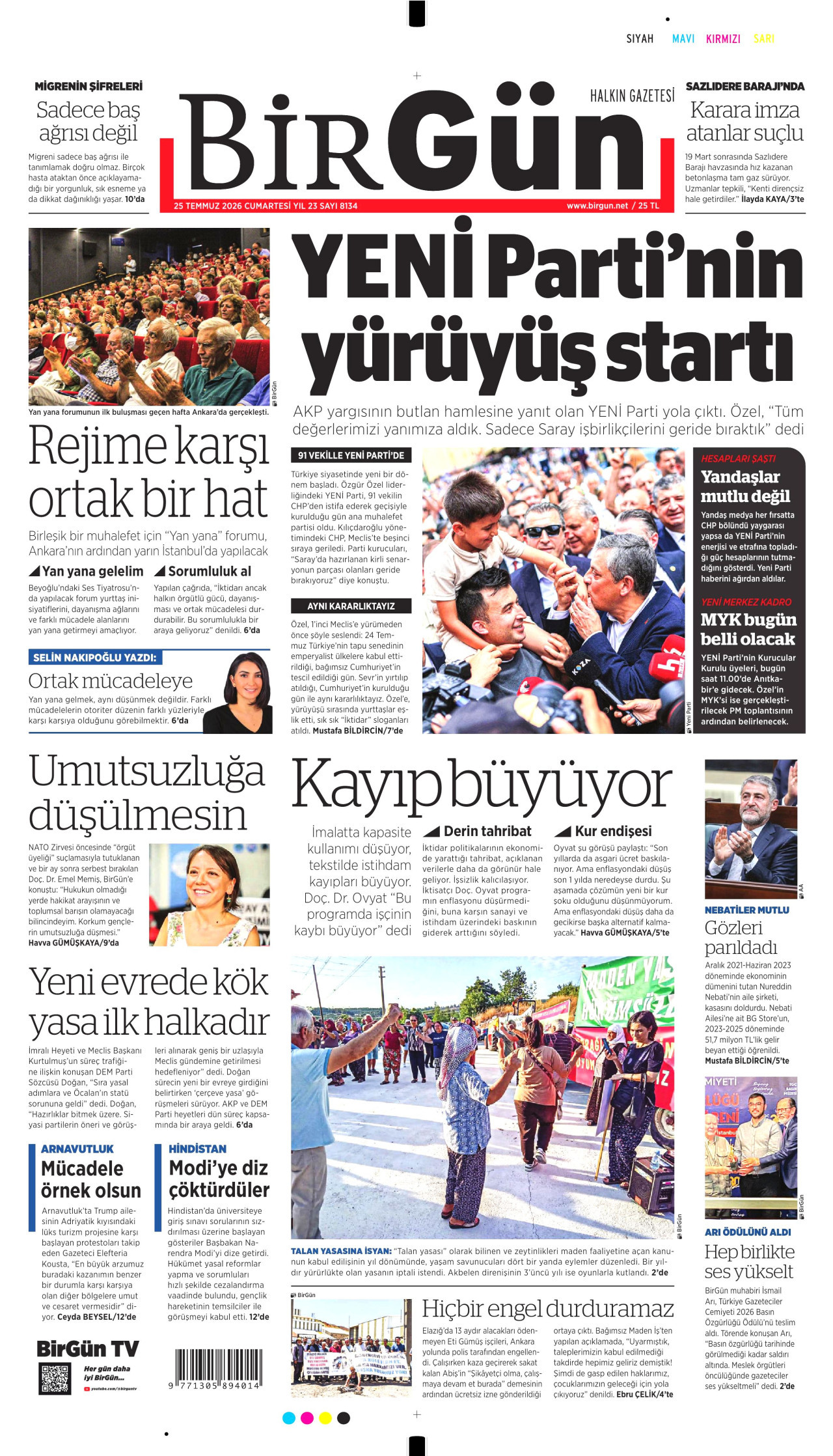 BİRGÜN gazetesinin 25 Temmuz 2026 tarihli birinci sayfası