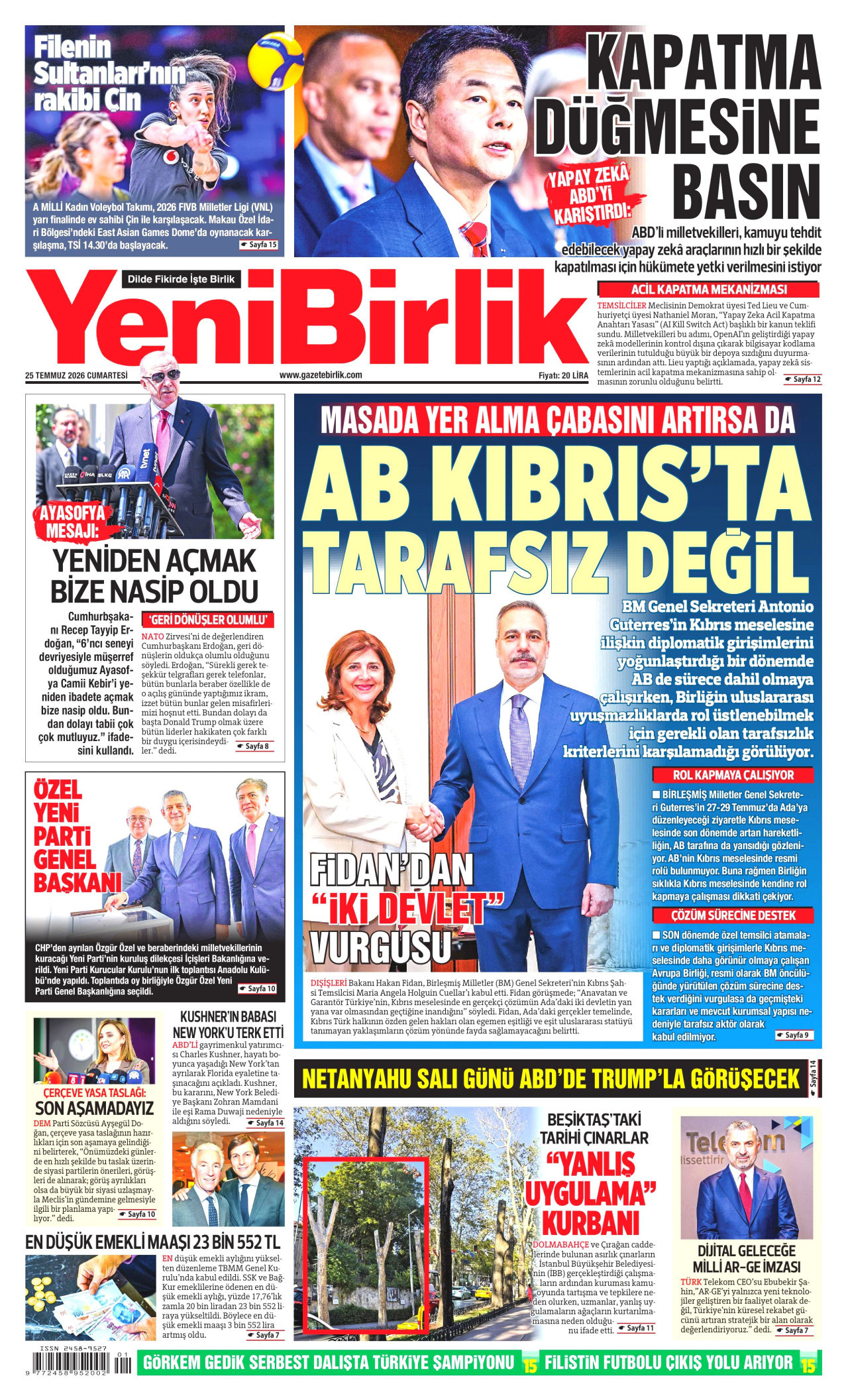 YENİBİRLİK gazetesinin 25 Temmuz 2026 tarihli birinci sayfası