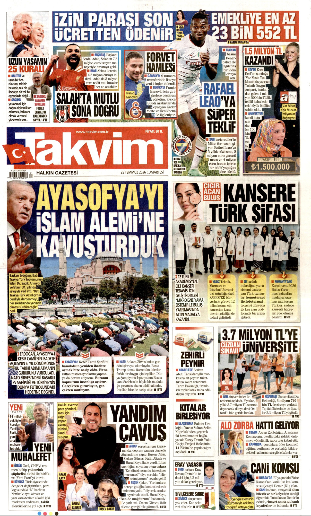 TAKVİM gazetesinin 25 Temmuz 2026 tarihli birinci sayfası
