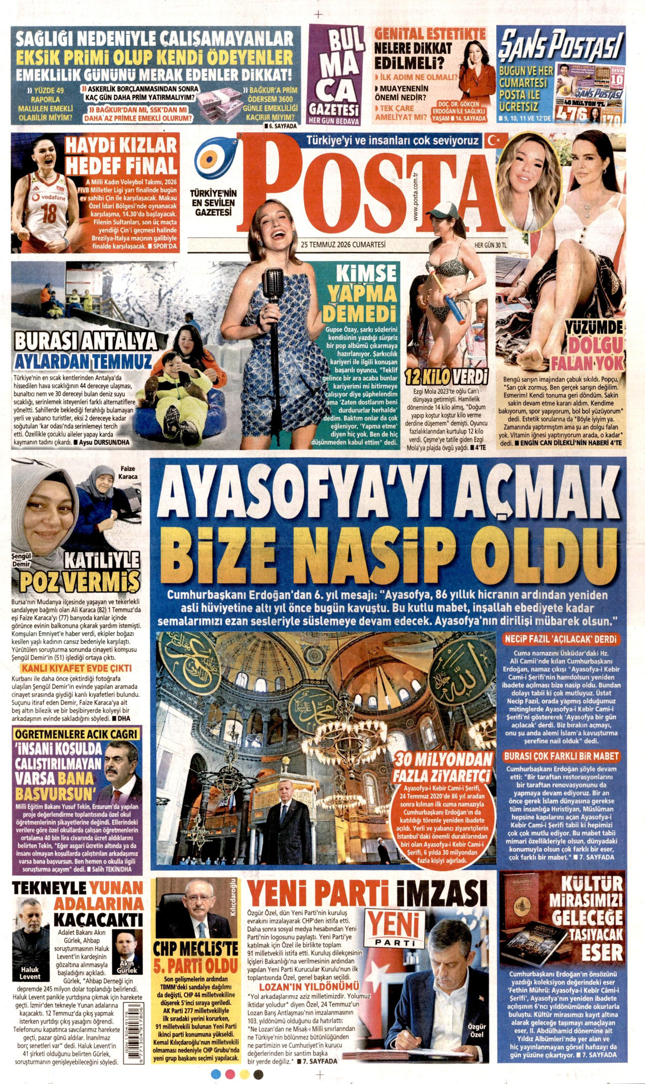POSTA gazetesinin 25 Temmuz 2026 tarihli birinci sayfası
