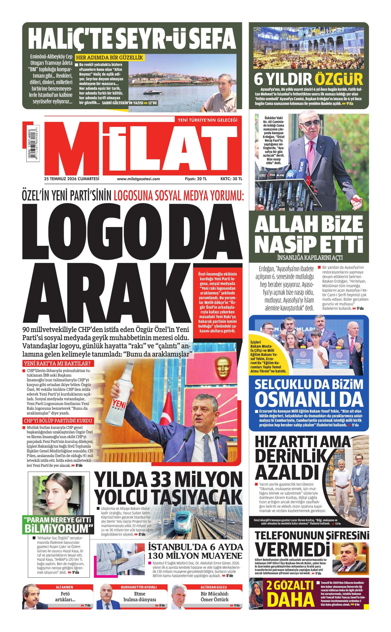 MİLAT gazetesinin 25 Temmuz 2026 tarihli birinci sayfası
