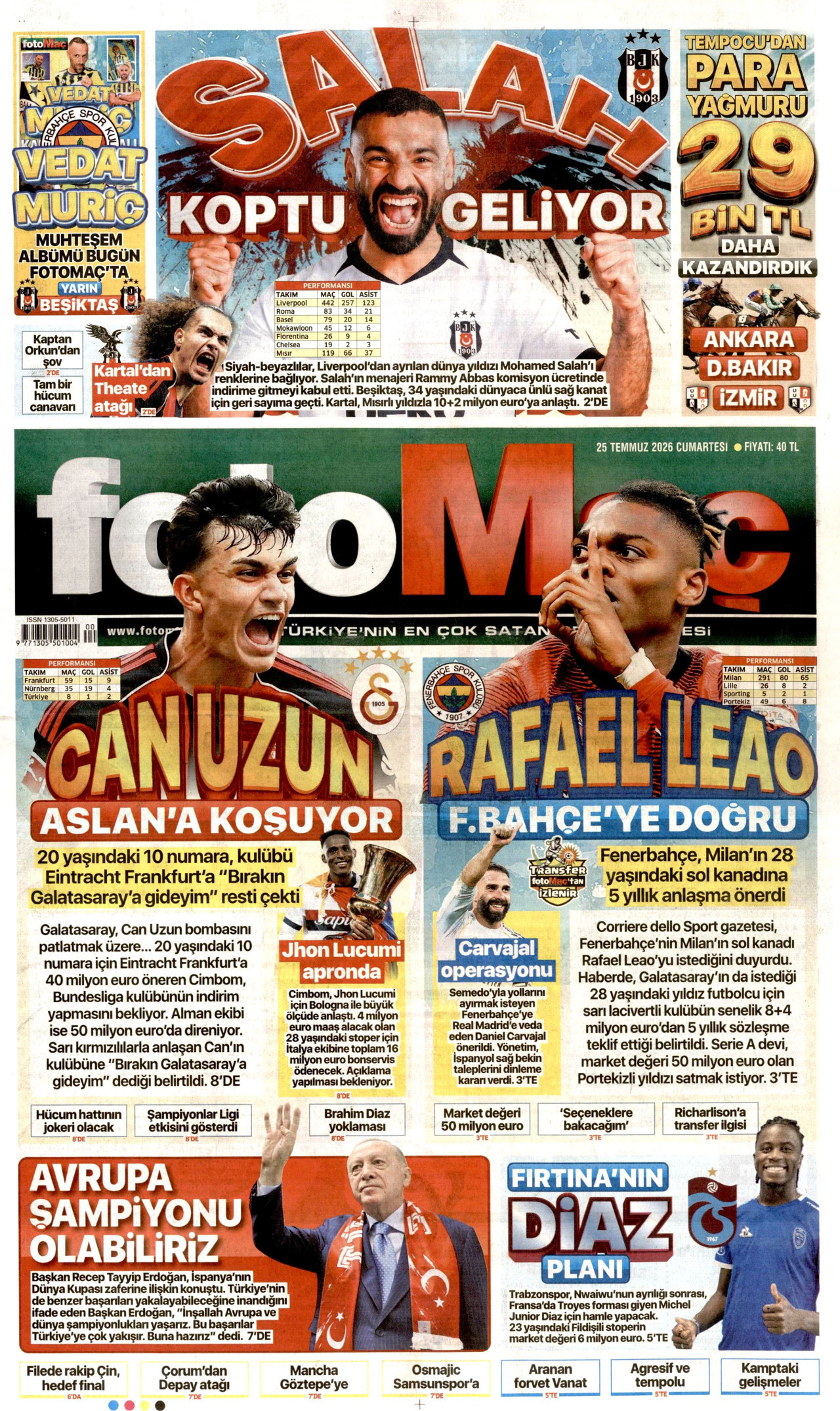 FOTOMAÇ gazetesinin 25 Temmuz 2026 tarihli birinci sayfası