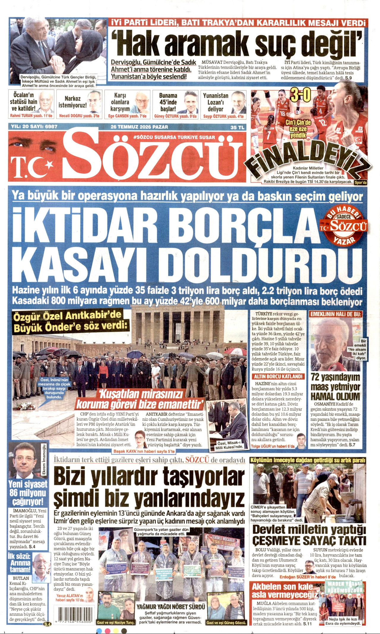 SÖZCÜ gazetesinin 26 Temmuz 2026 tarihli birinci sayfası