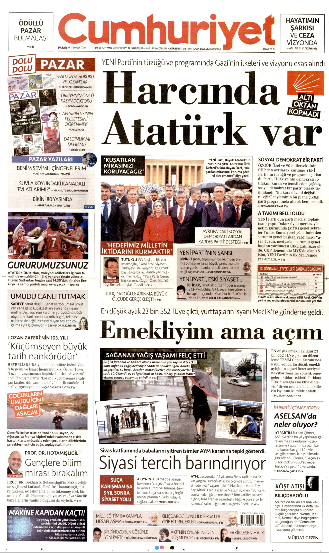 CUMHURİYET gazetesinin 26 Temmuz 2026 tarihli birinci sayfası