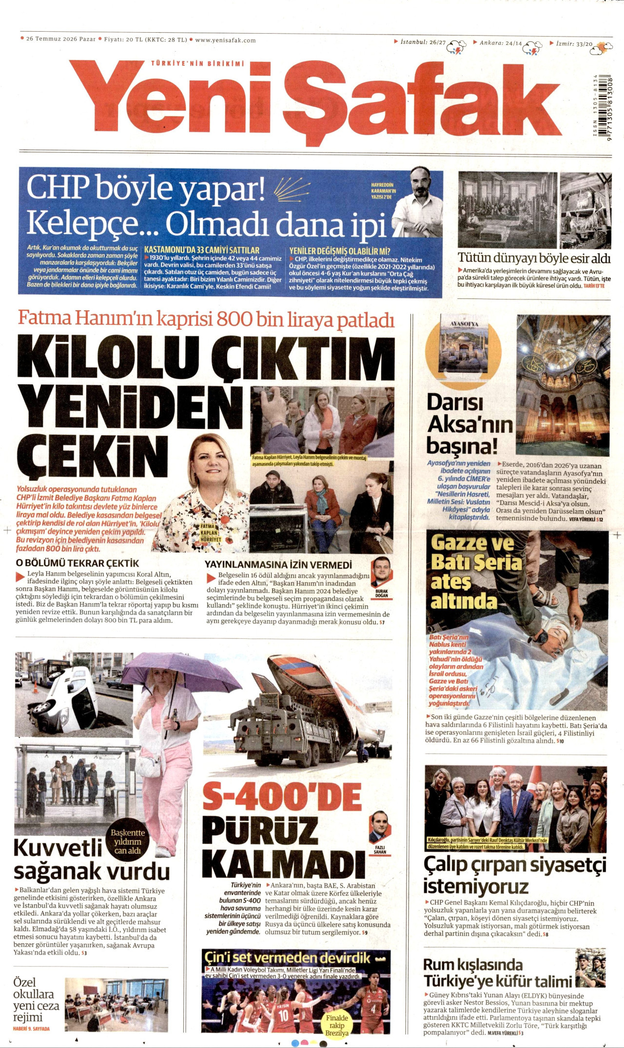 YENİ ŞAFAK gazetesinin 26 Temmuz 2026 tarihli birinci sayfası