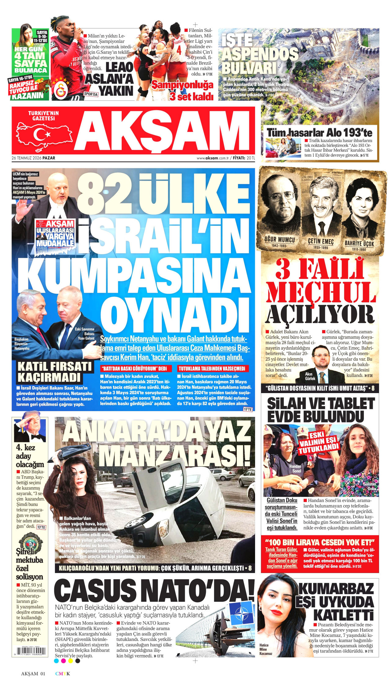 AKŞAM gazetesinin 26 Temmuz 2026 tarihli birinci sayfası