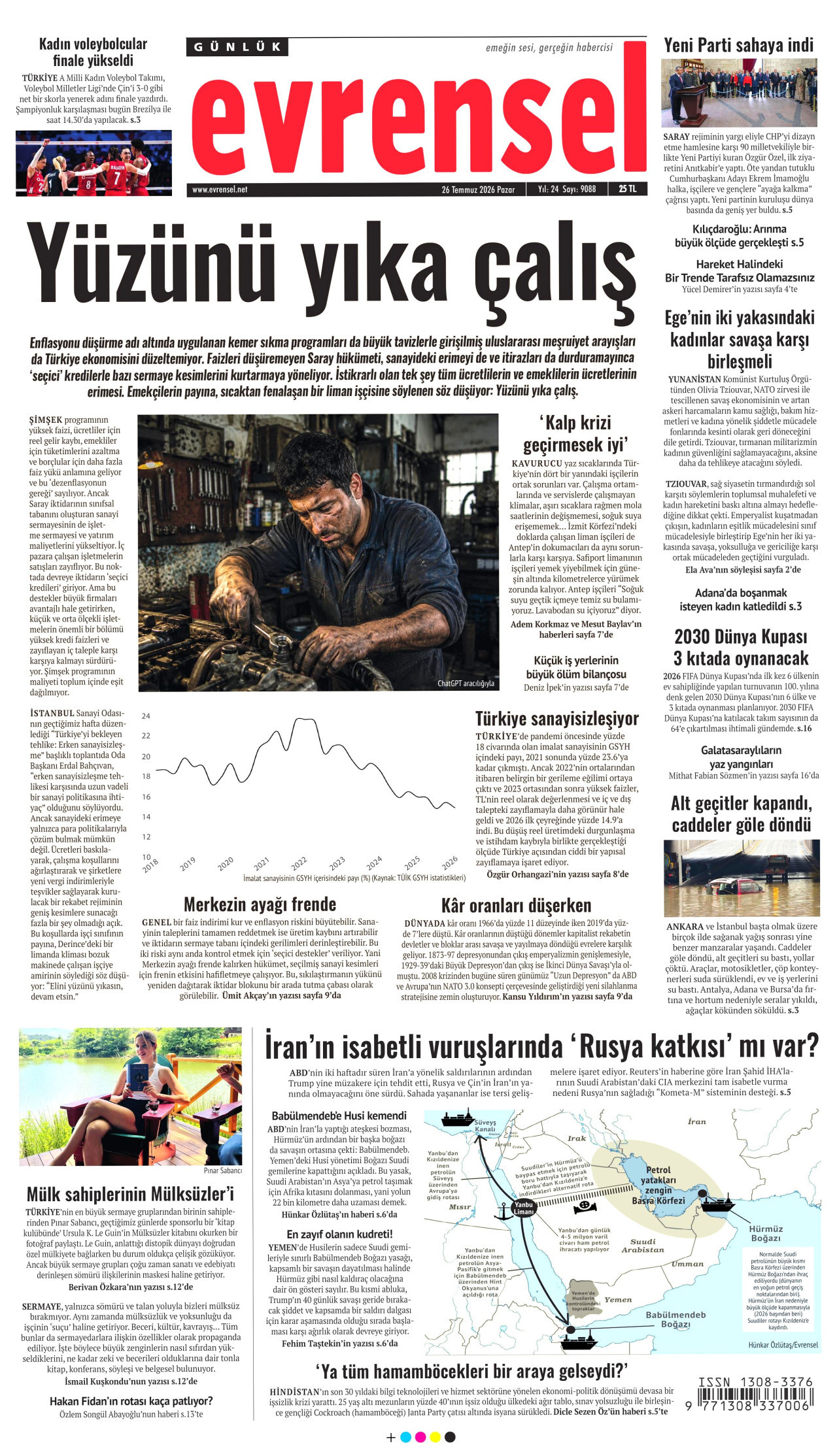 EVRENSEL gazetesinin 26 Temmuz 2026 tarihli birinci sayfası