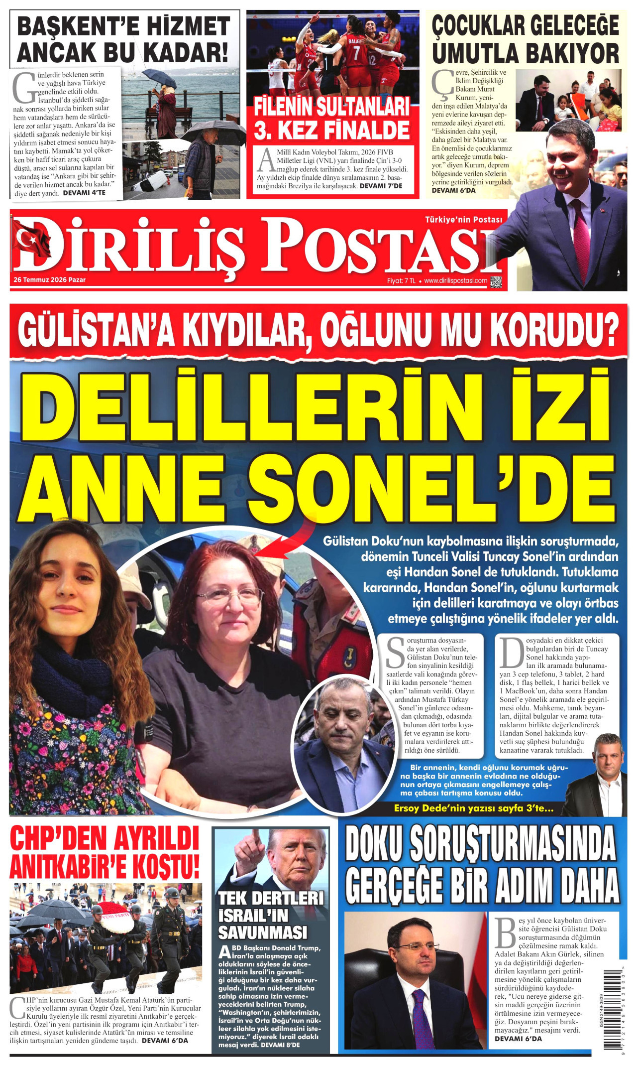 DİRİLİŞ POSTASI gazetesinin 26 Temmuz 2026 tarihli birinci sayfası