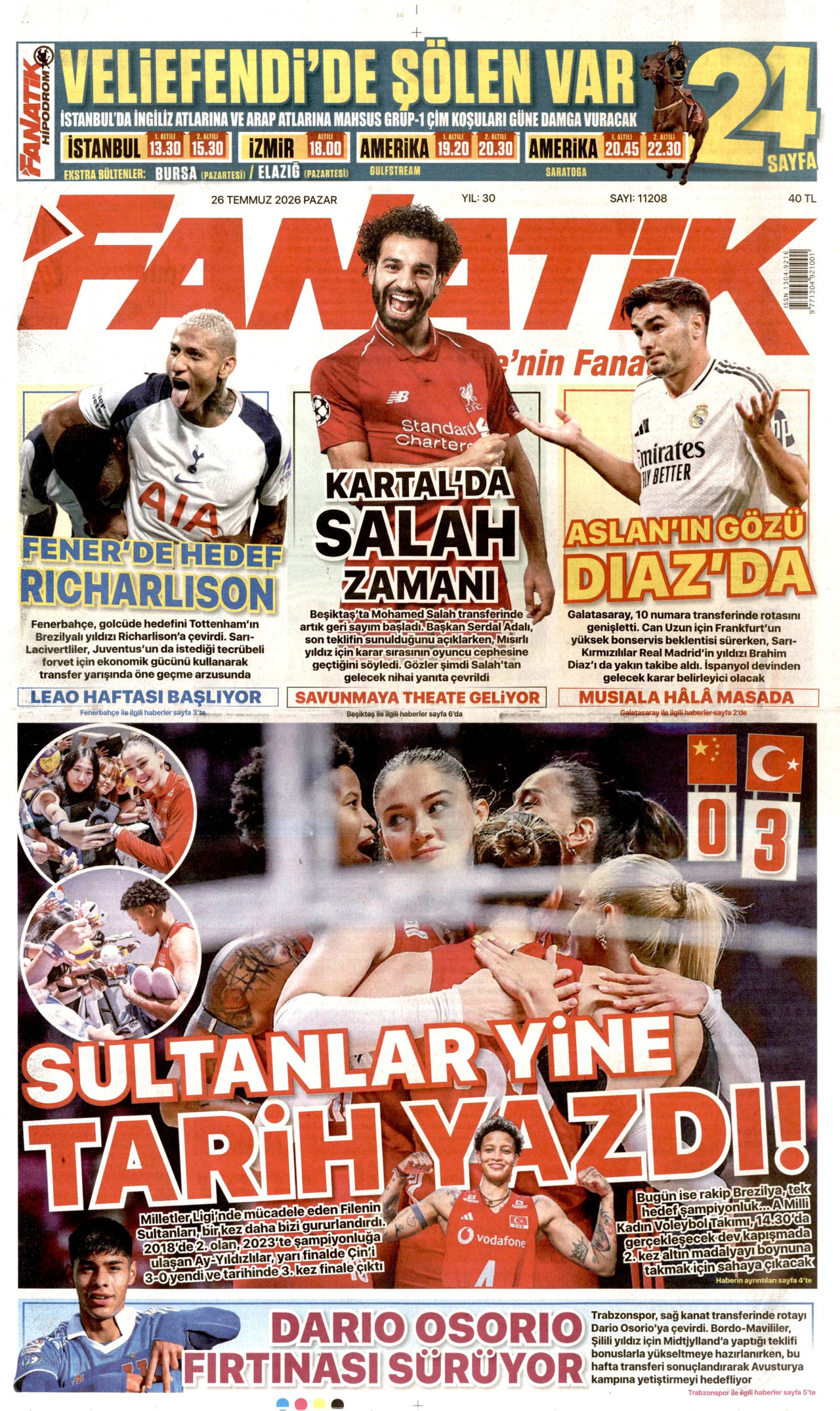 FANATİK gazetesinin 26 Temmuz 2026 tarihli birinci sayfası