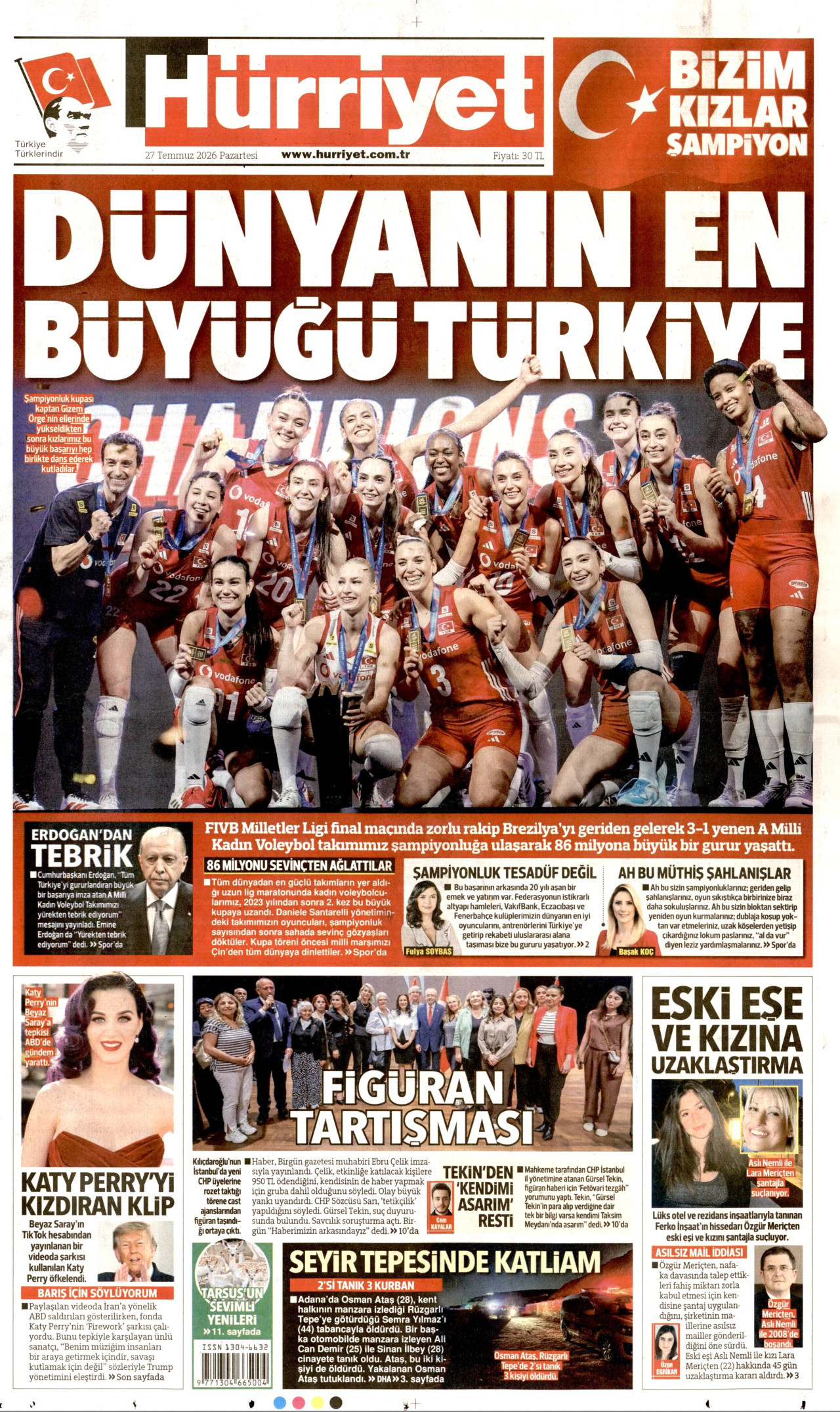 HÜRRİYET gazetesinin 27 Temmuz 2026 tarihli birinci sayfası