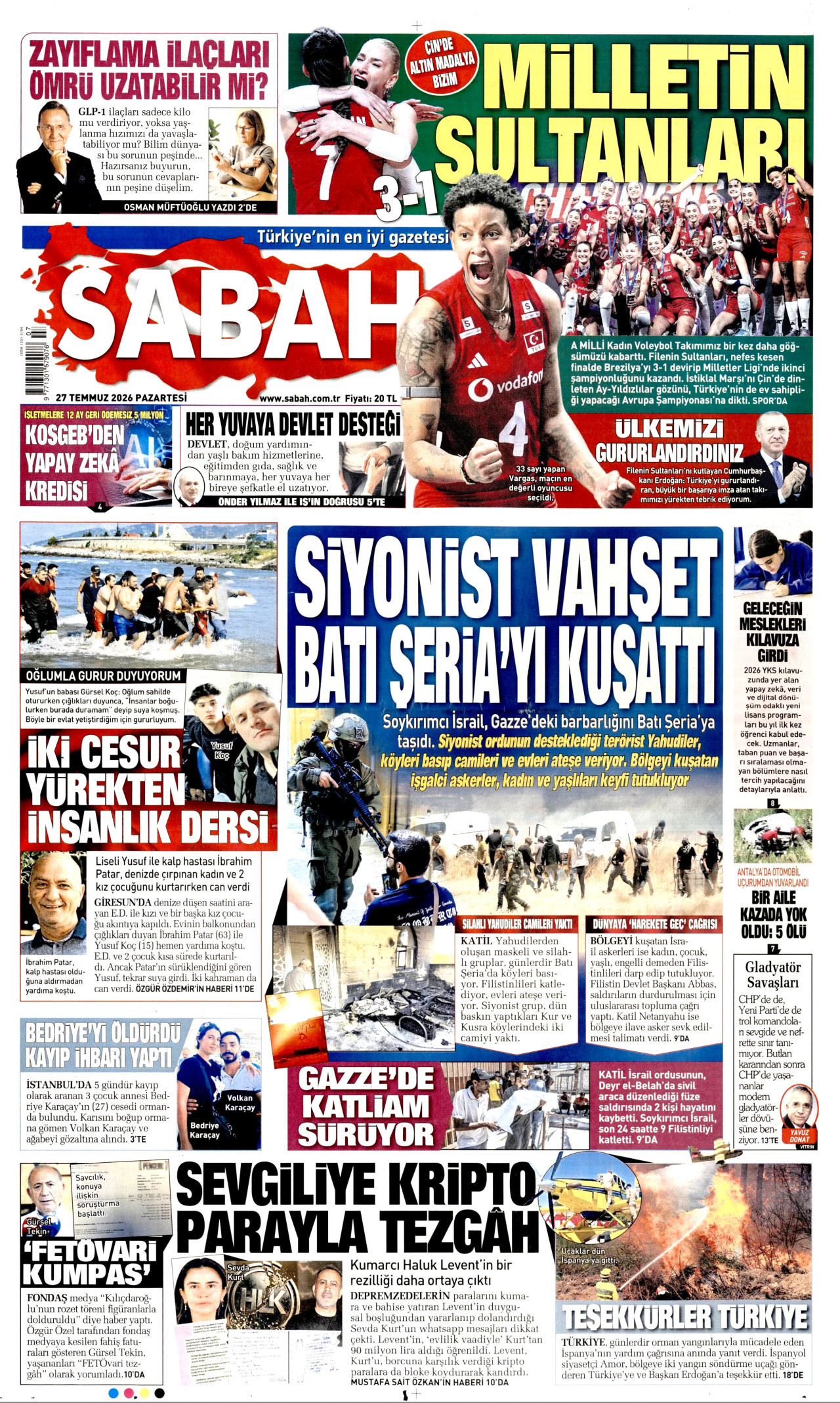SABAH gazetesinin 27 Temmuz 2026 tarihli birinci sayfası